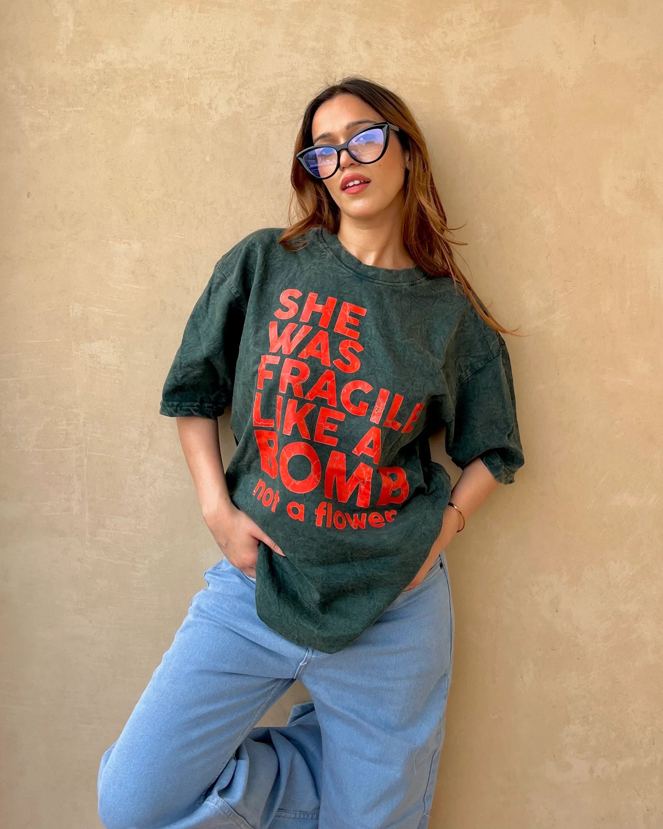 She Was Fragile Acid Wash Oversized T-Shirt