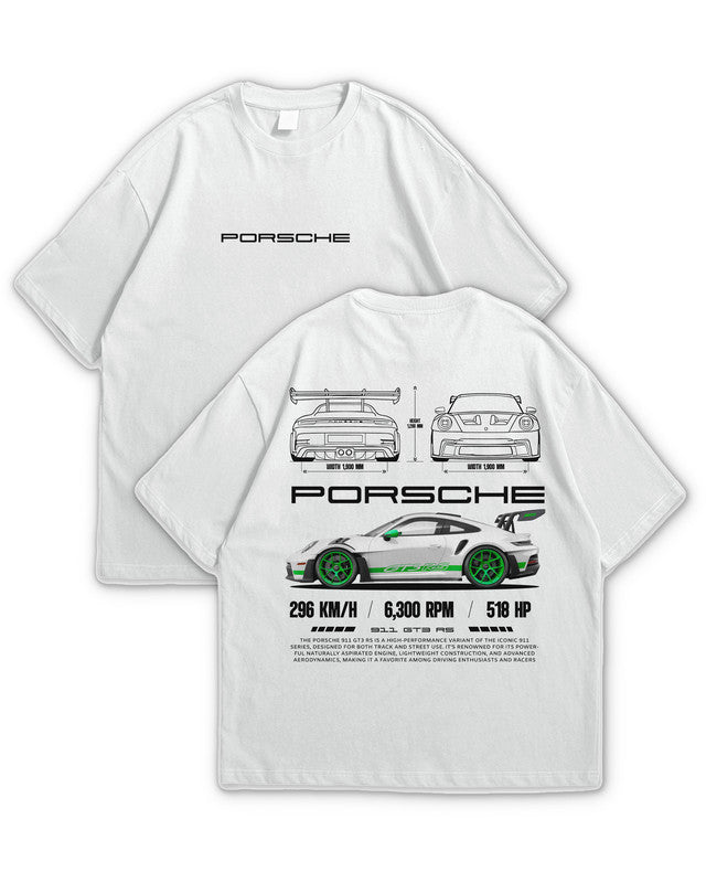 Bellbum Porsche 911 GT3 RS Oversized T-Shirt – 240GSM French Terry Cotton, White, Unisex Car Graphic Streetwear