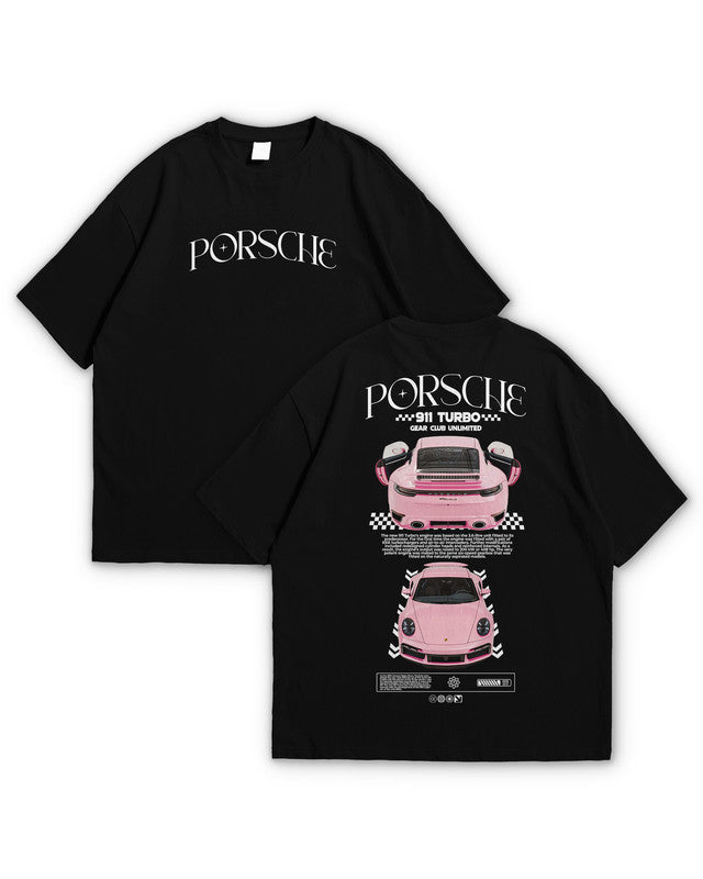 Bellbum Pink 911 Turbo Oversized T-Shirt – 240GSM French Terry Cotton, Black, Unisex Sports Car Streetwear