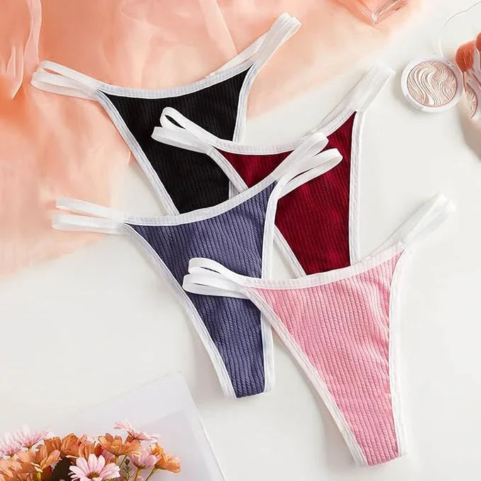Women's Ribbed High-Cut Thong Panties with White Trim - Bellbum