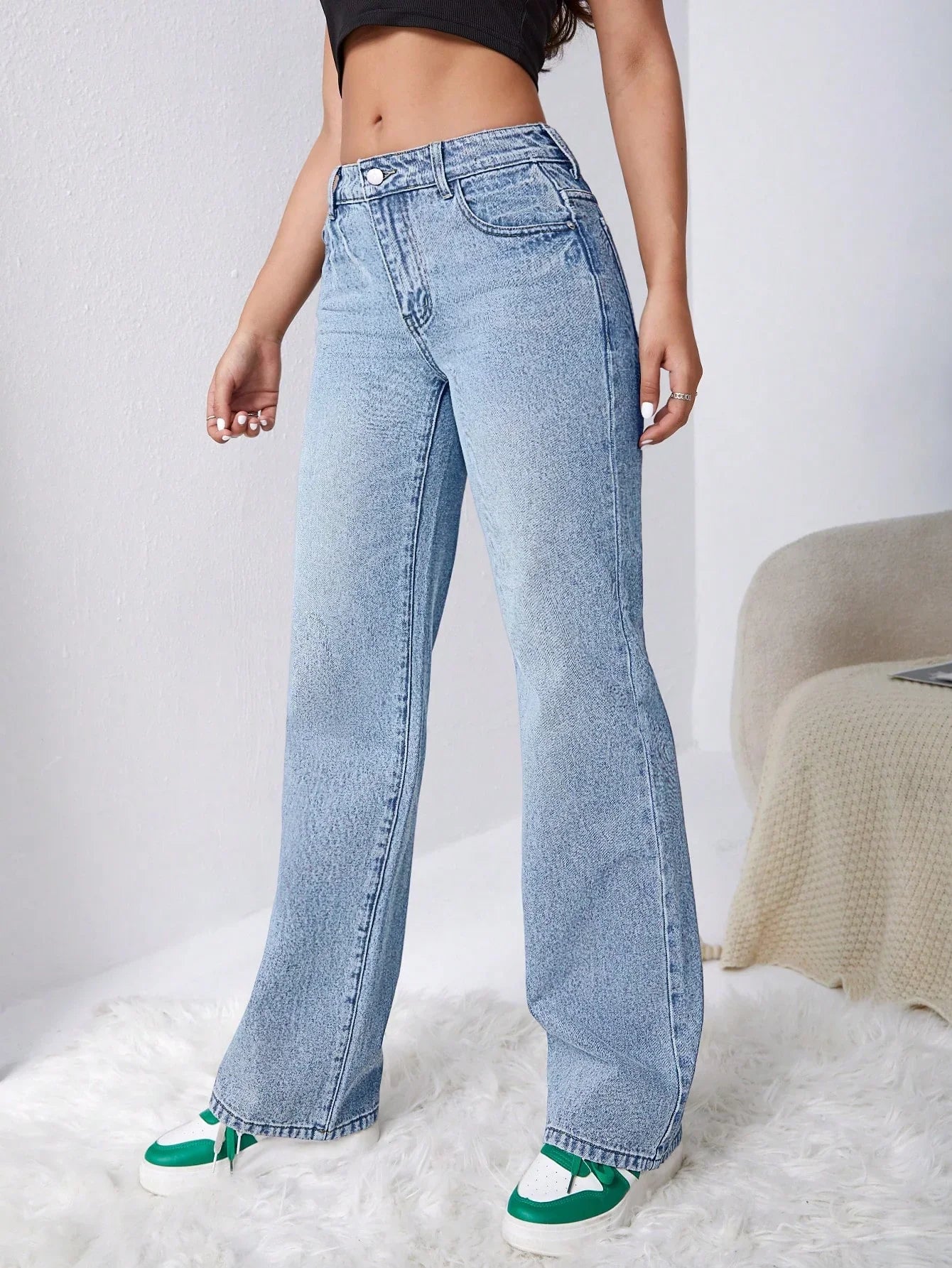 Bellbum Ice Blue Whisker High Waist Wide Leg Denim - Bellbum