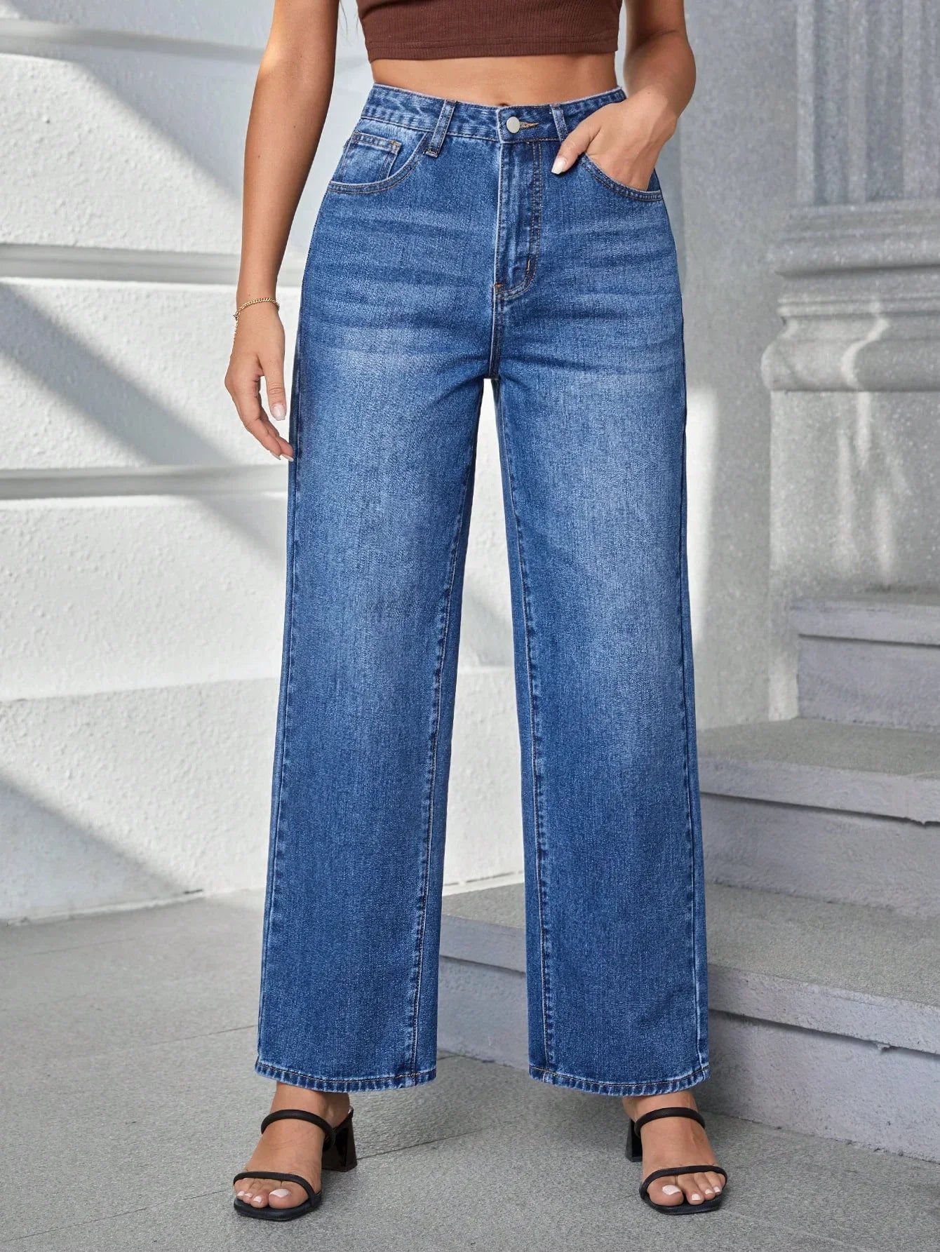 Bellbum Dark Blue Whisker High Waist Wide Leg Denim - Bellbum