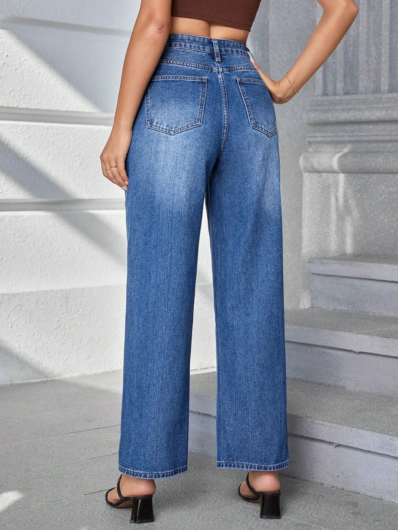 Bellbum Dark Blue Whisker High Waist Wide Leg Denim - Bellbum