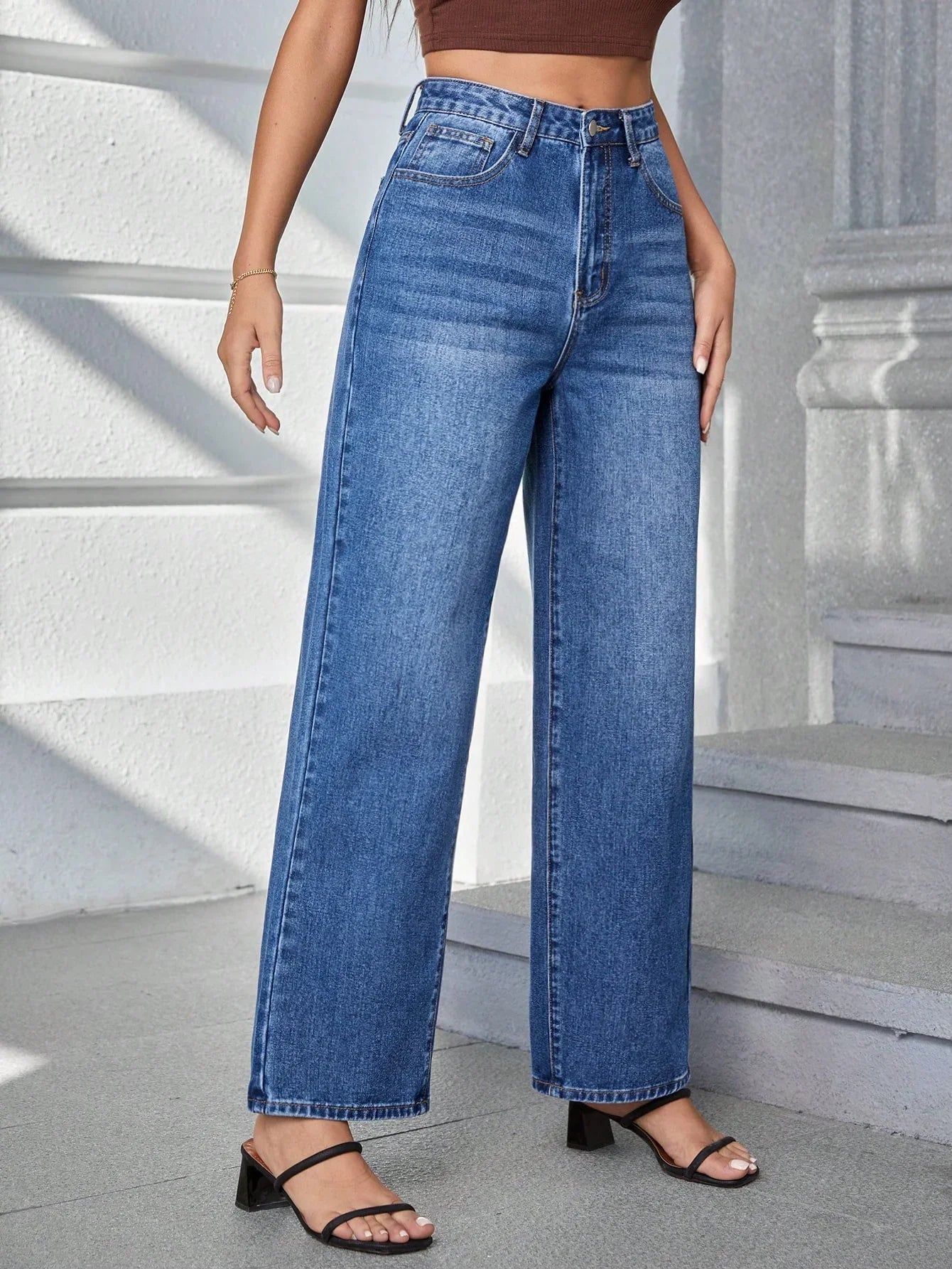 Bellbum Dark Blue Whisker High Waist Wide Leg Denim - Bellbum