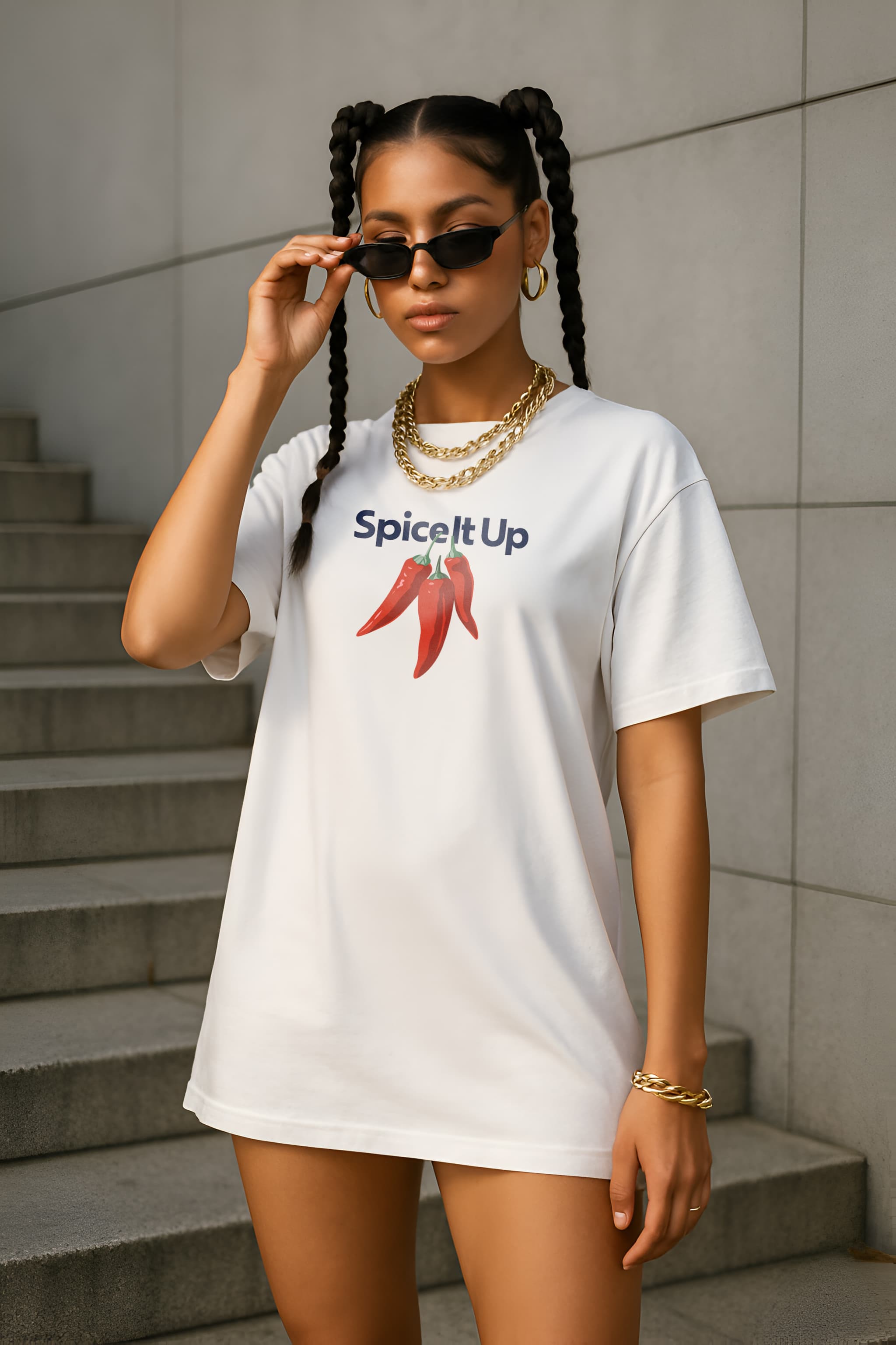 Bellbum Oversized Unisex T-Shirt White Cotton – “Spice It Up” Chilli Graphic Print