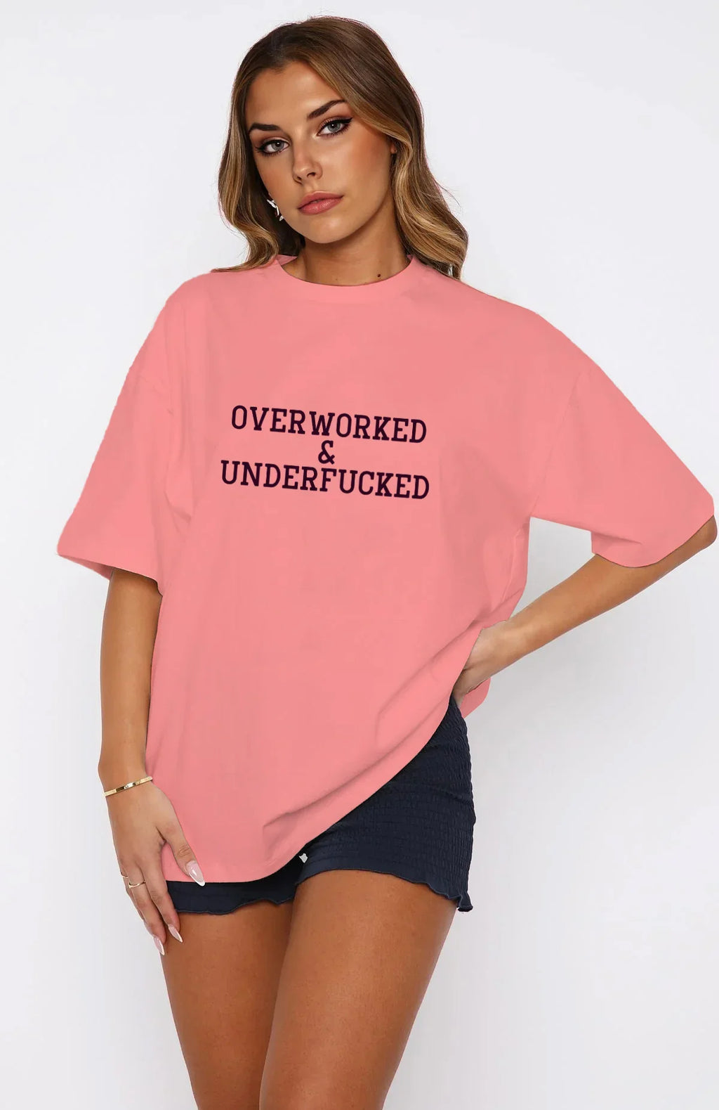 Overworked & Underf*cked Slogan Oversized Tee | Beige Unisex Cotton Streetwear - Bellbum