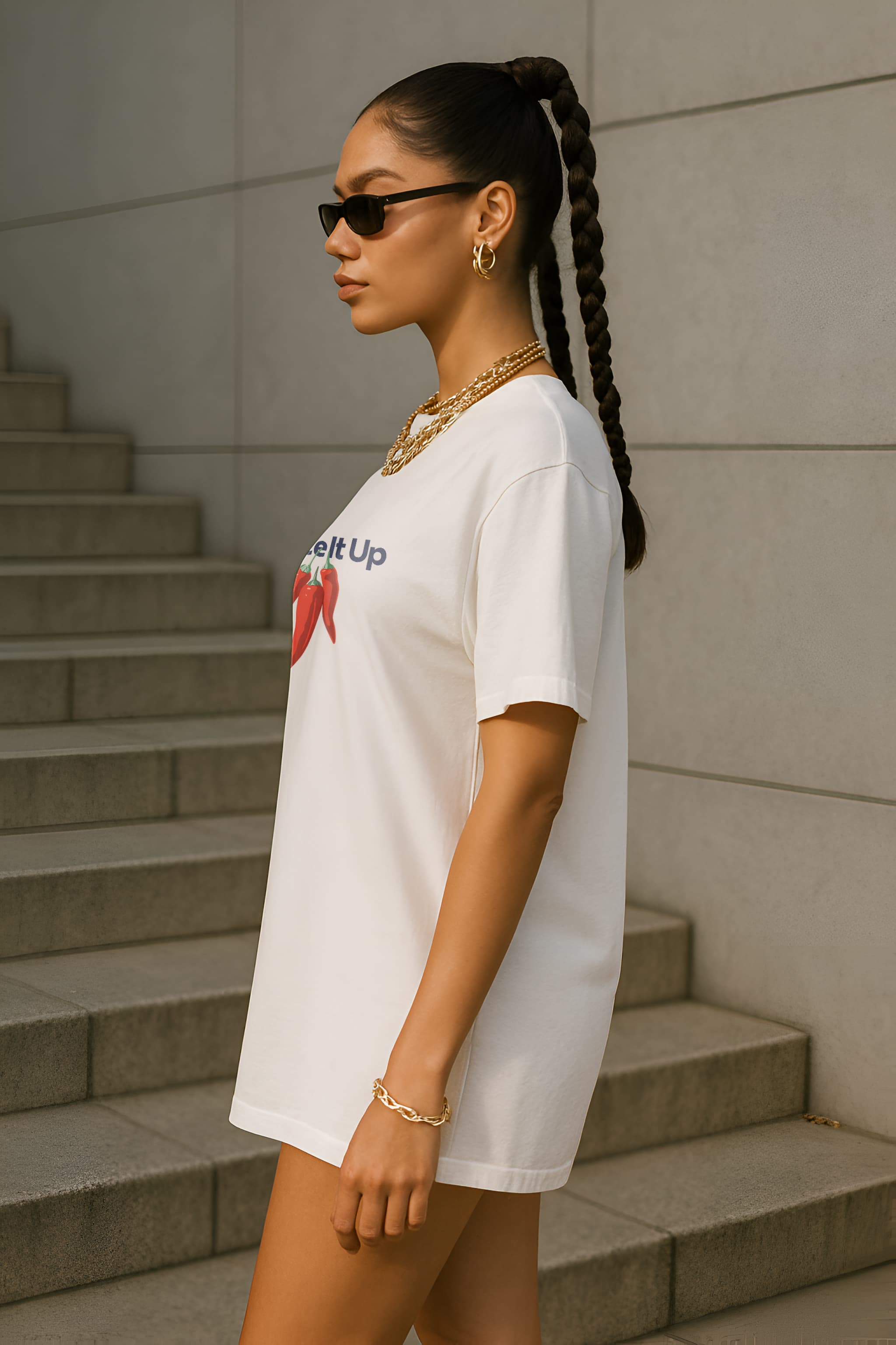 Bellbum Oversized Unisex T-Shirt White Cotton – “Spice It Up” Chilli Graphic Print