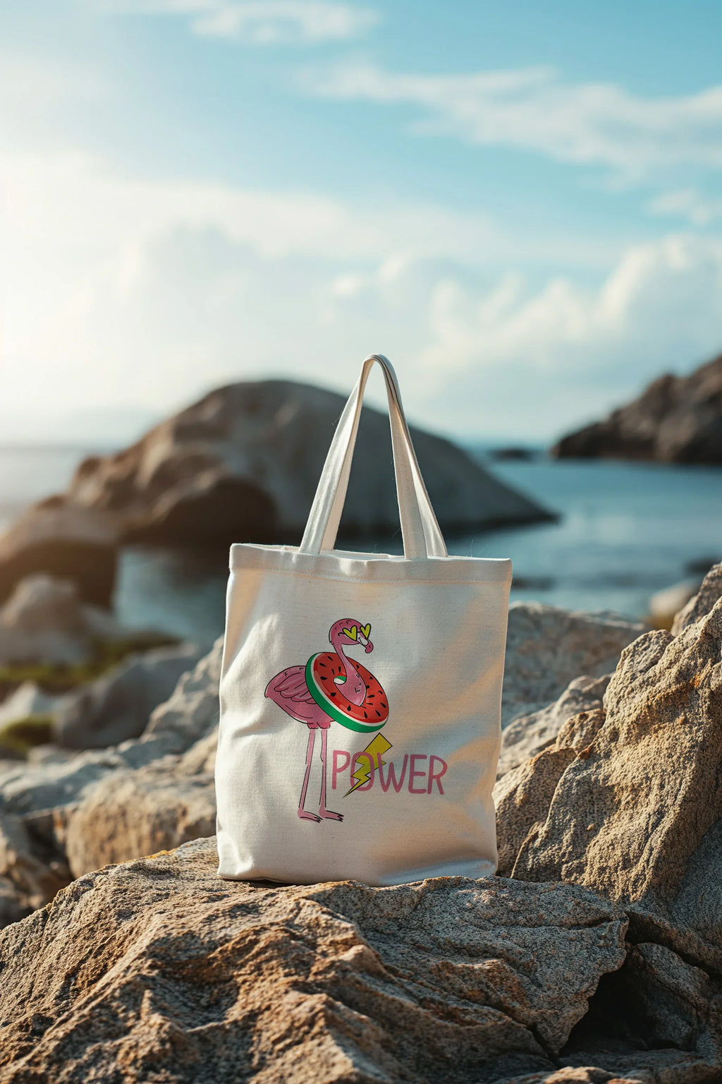 Bellbum Power Flamingo Tote Bag – Eco-Friendly Canvas Tote with Unique Watermelon Flamingo Design - Bellbum
