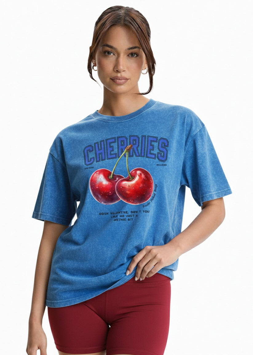 Bellbum Cherries Oversized T-Shirt Blue 240 GSM Cotton