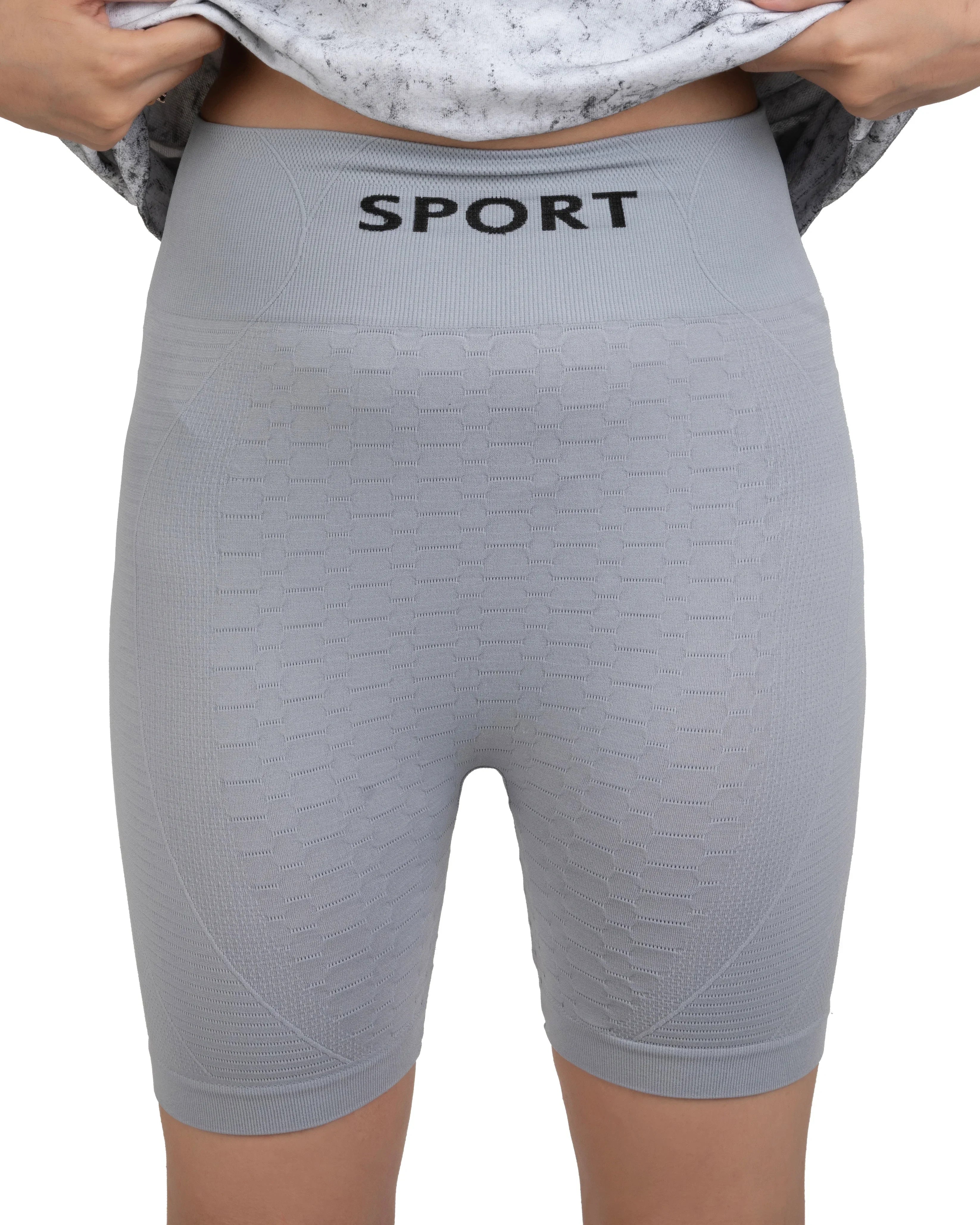 Bellbum Grey Seamless Yoga Shorts – High-Waist Body-Hugging Spandex