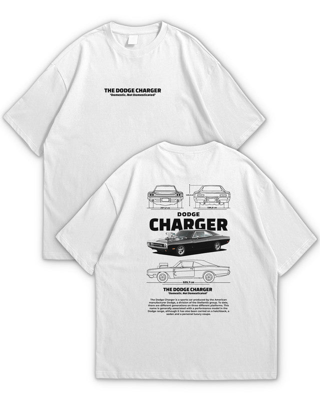 Bellbum Dodge Charger Oversized T-Shirt – 240GSM French Terry Cotton, White, Unisex Classic Muscle Car Streetwear