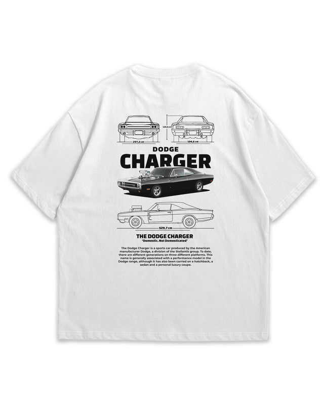 Bellbum Dodge Charger Oversized T-Shirt – 240GSM French Terry Cotton, White, Unisex Classic Muscle Car Streetwear