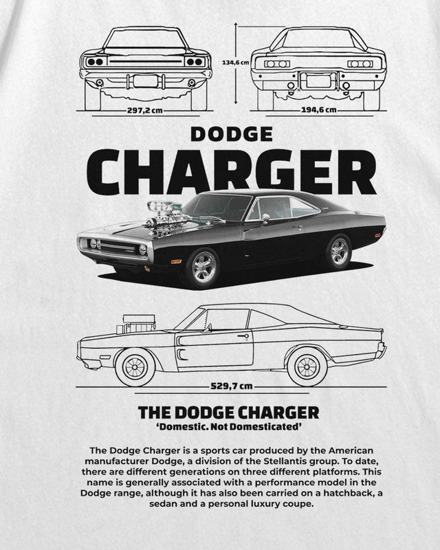 Bellbum Dodge Charger Oversized T-Shirt – 240GSM French Terry Cotton, White, Unisex Classic Muscle Car Streetwear