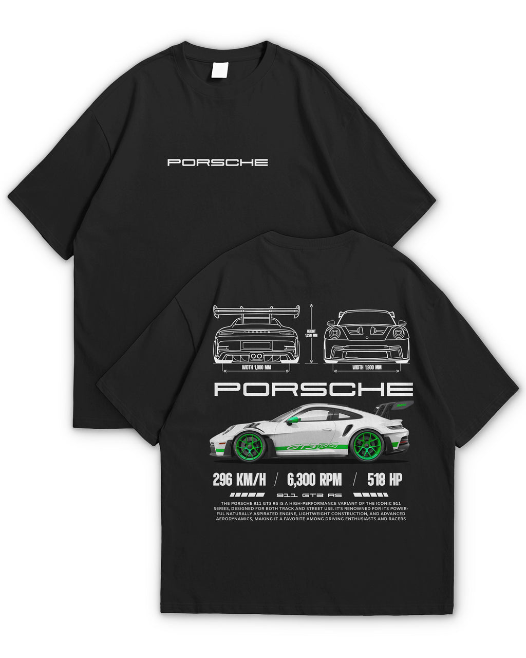Bellbum Porsche 911 GT3 RS Oversized T-Shirt – 240GSM French Terry Cotton, Black, Unisex Motorsport Streetwear