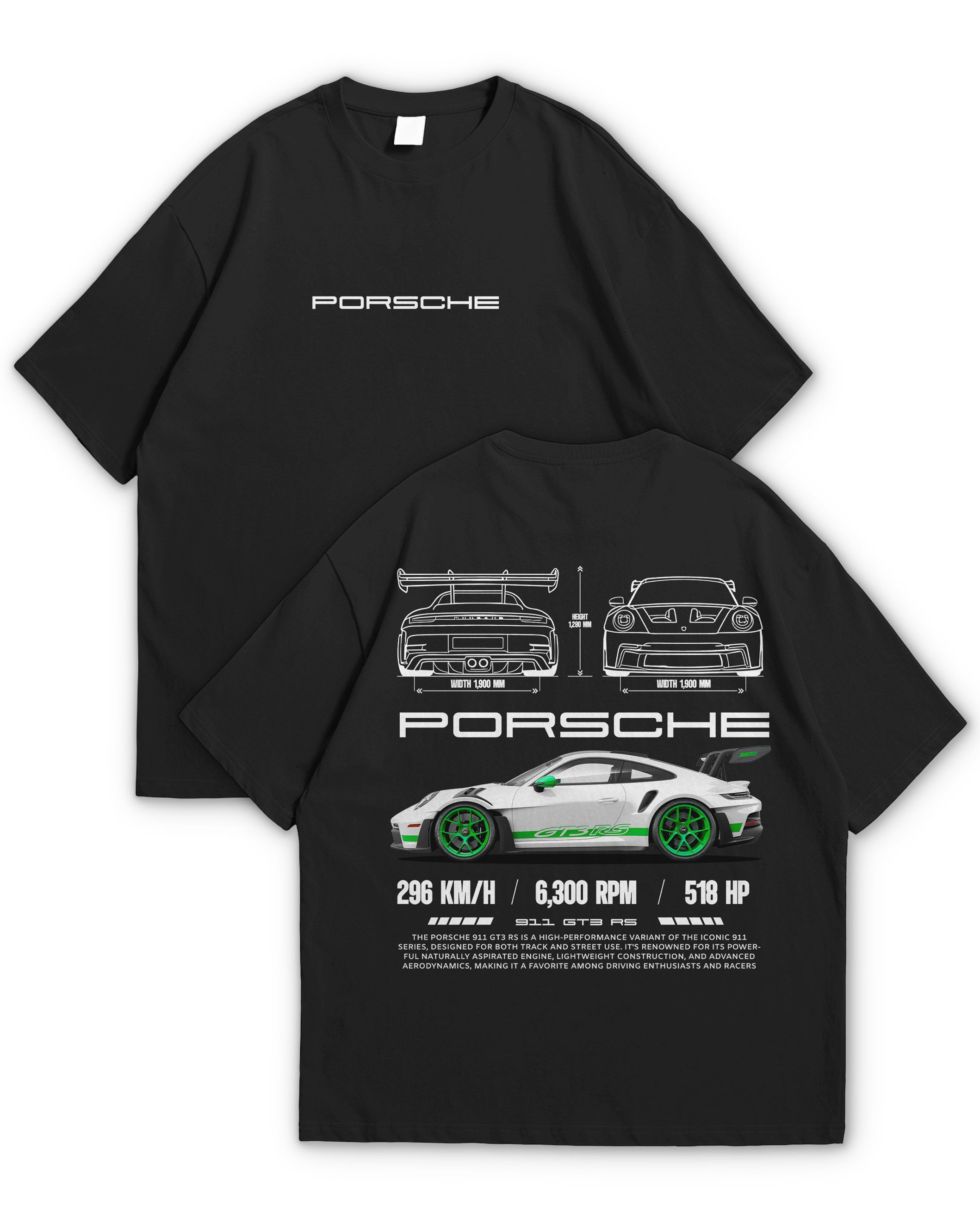 Bellbum Porsche 911 GT3 RS Oversized T-Shirt – 240GSM French Terry Cotton, Black, Unisex Motorsport Streetwear