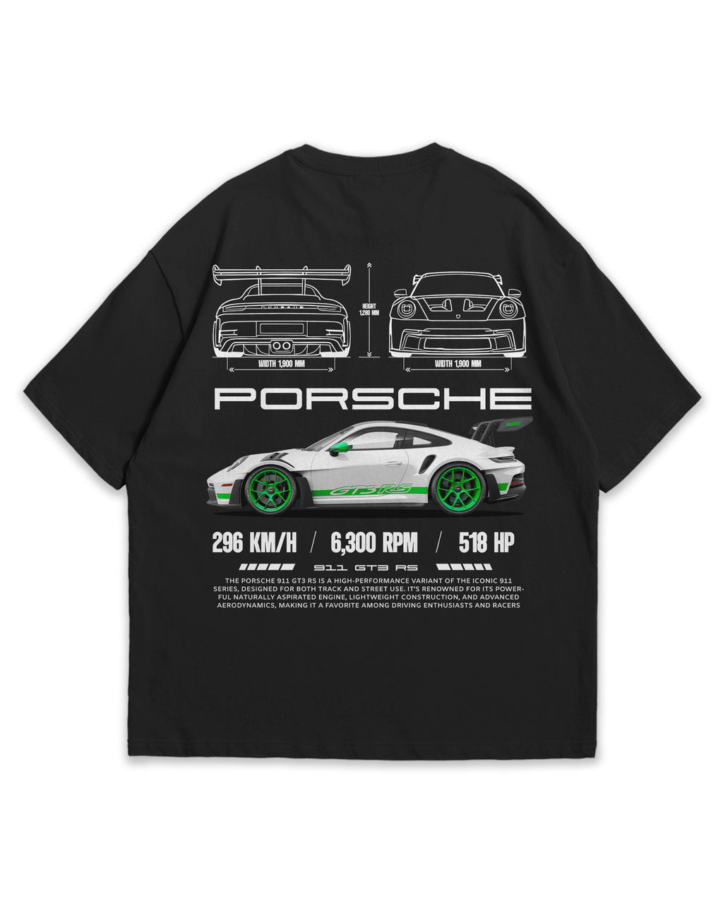 Bellbum Porsche 911 GT3 RS Oversized T-Shirt – 240GSM French Terry Cotton, Black, Unisex Motorsport Streetwear