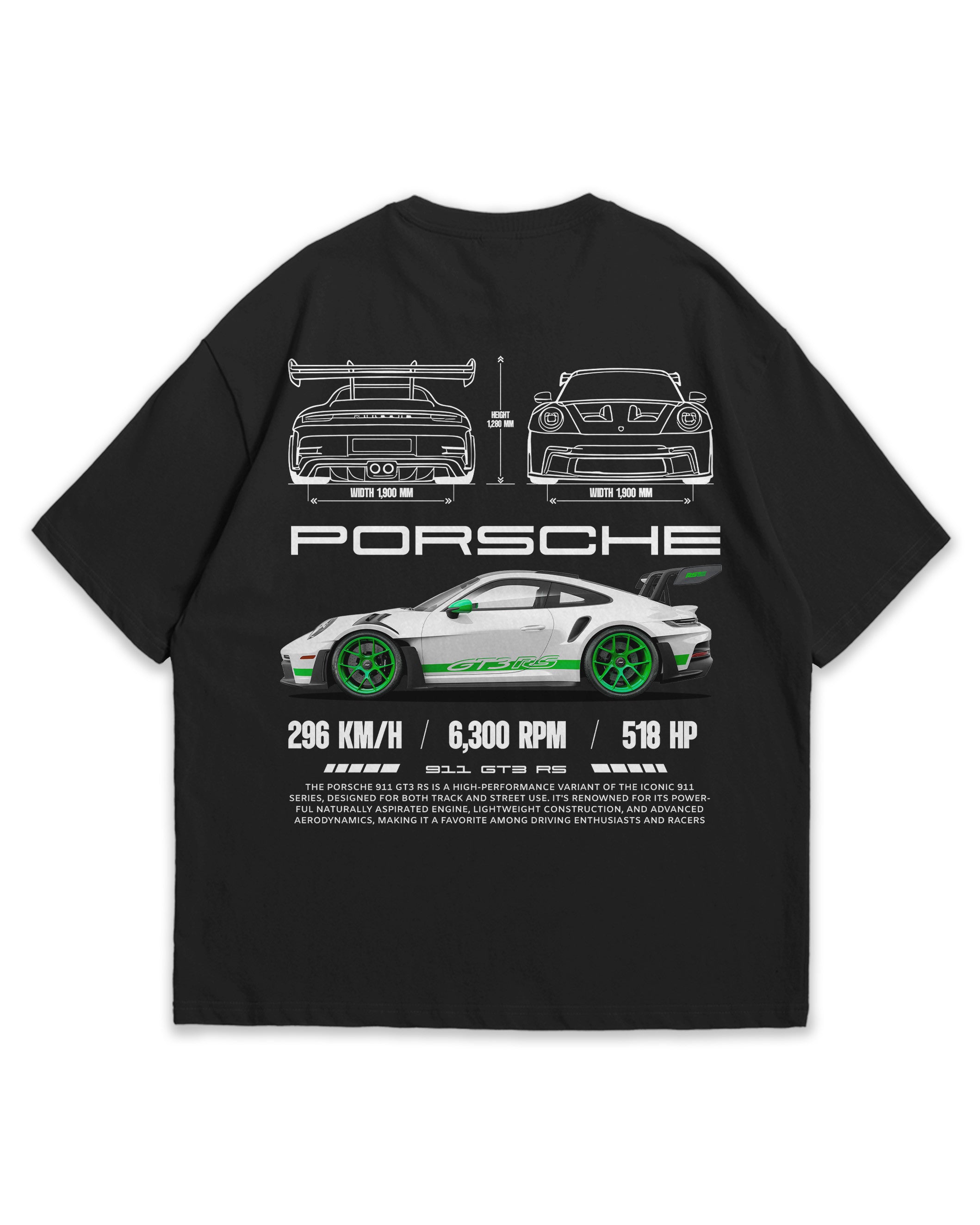 Bellbum Porsche 911 GT3 RS Oversized T-Shirt – 240GSM French Terry Cotton, Black, Unisex Motorsport Streetwear