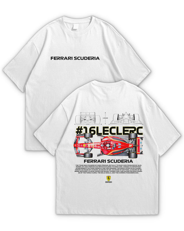 Bellbum Ferrari Scuderia #16 Leclerc Oversized T-Shirt – 240GSM French Terry Cotton, White, Unisex Formula 1 Streetwear