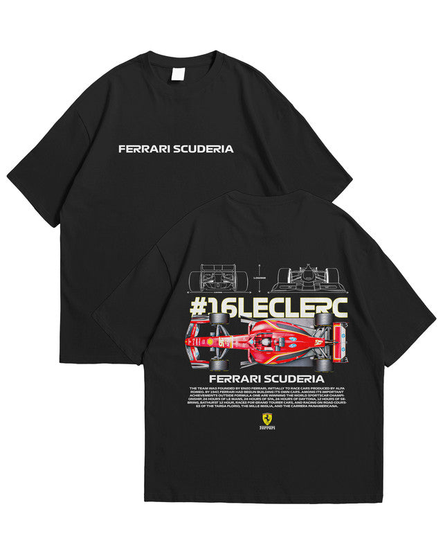 Bellbum Ferrari Scuderia #16 Leclerc Oversized T-Shirt – 240GSM French Terry Cotton, Black, Unisex Formula 1 Streetwear