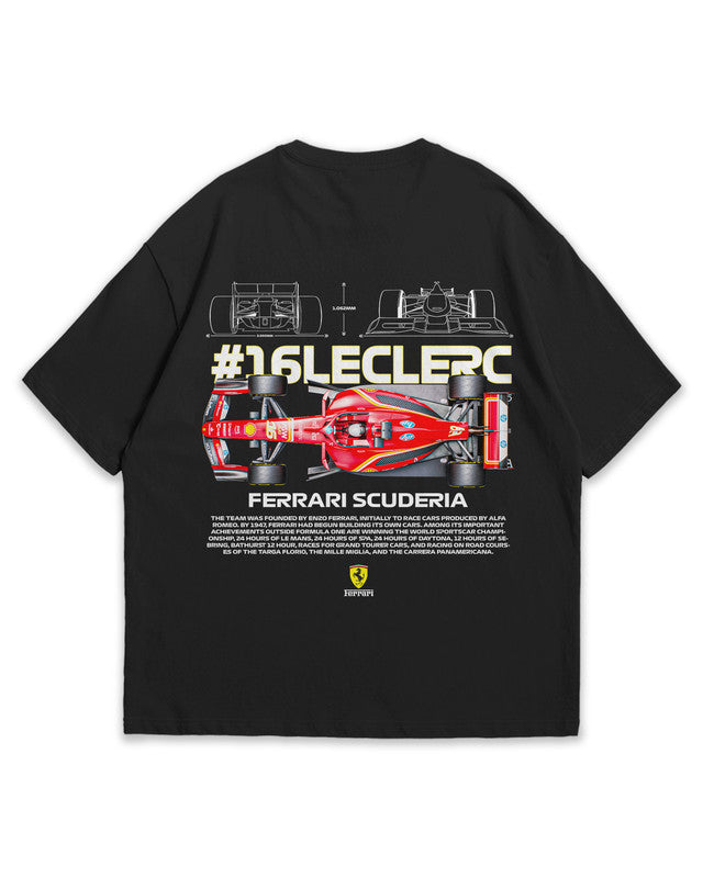 Bellbum Ferrari Scuderia #16 Leclerc Oversized T-Shirt – 240GSM French Terry Cotton, Black, Unisex Formula 1 Streetwear