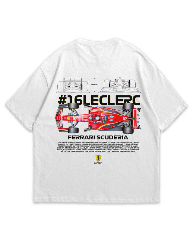 Bellbum Ferrari Scuderia #16 Leclerc Oversized T-Shirt – 240GSM French Terry Cotton, White, Unisex Formula 1 Streetwear