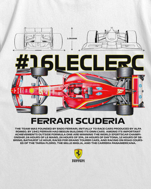 Bellbum Ferrari Scuderia #16 Leclerc Oversized T-Shirt – 240GSM French Terry Cotton, White, Unisex Formula 1 Streetwear