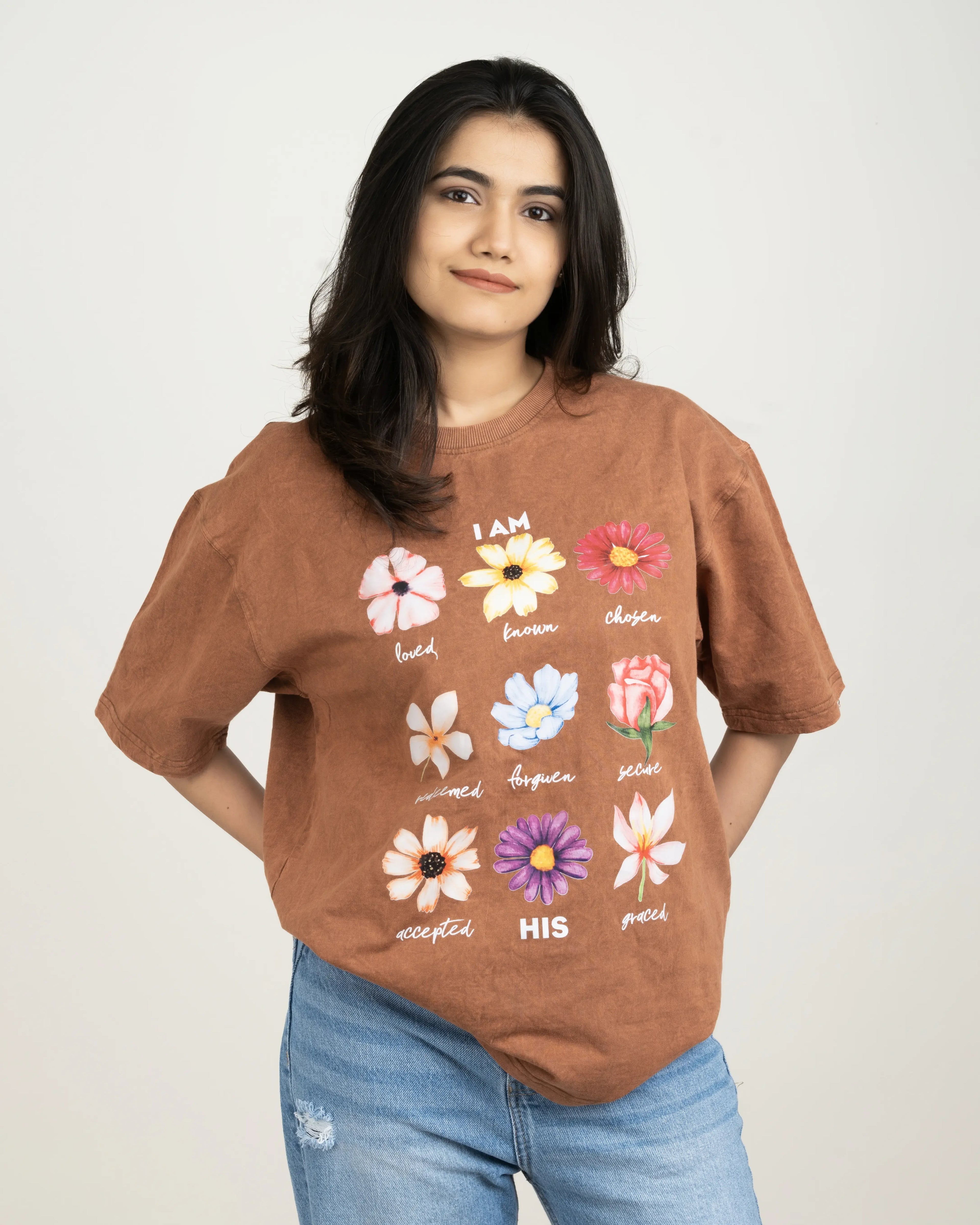 Bellbum Oversized Unisex T-Shirt Brown Crinkle Cotton – “I Am His” Faith & Floral Graphic Print