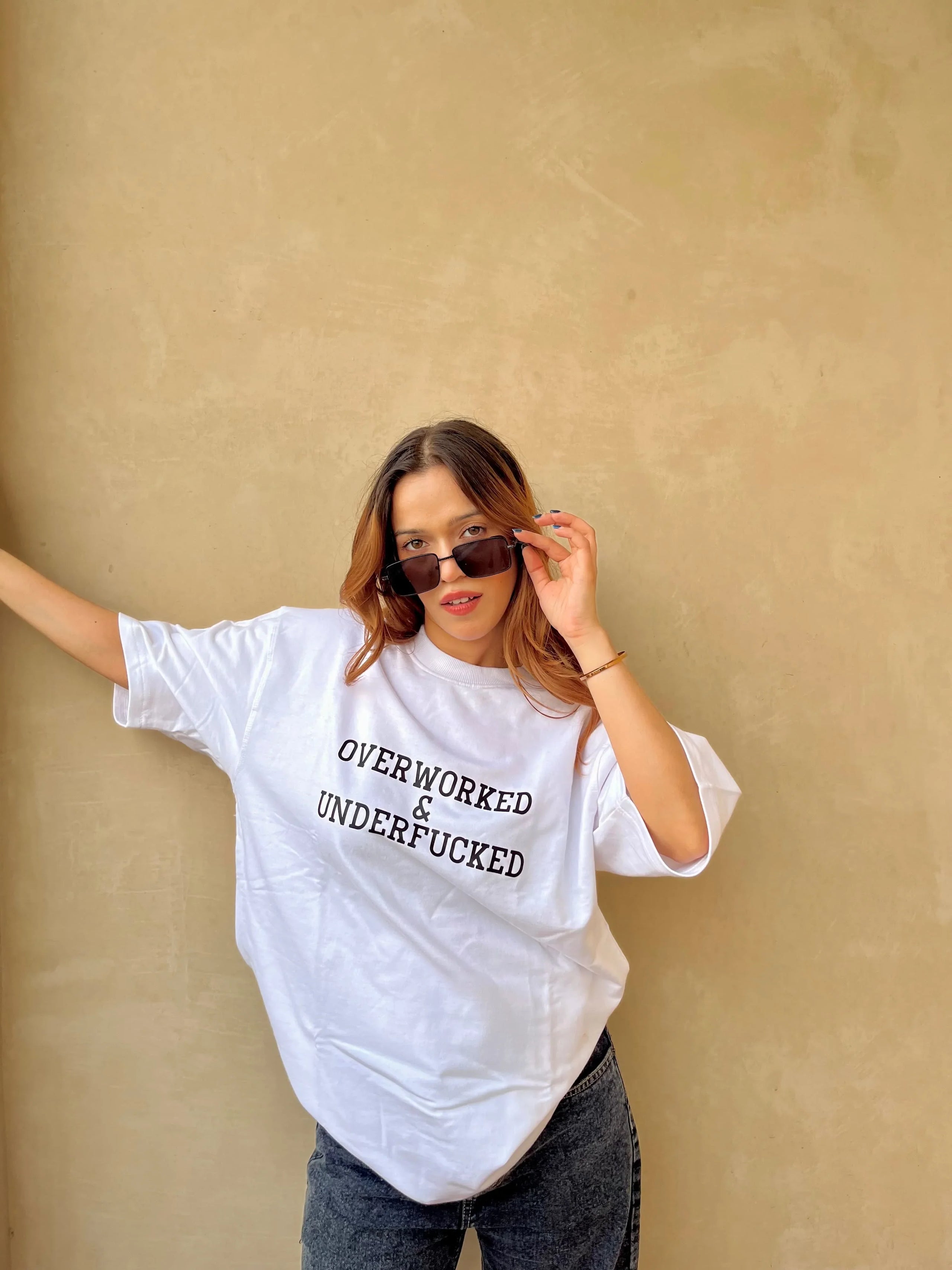Overworked & Underf*cked Slogan Oversized Tee | Beige Unisex Cotton Streetwear