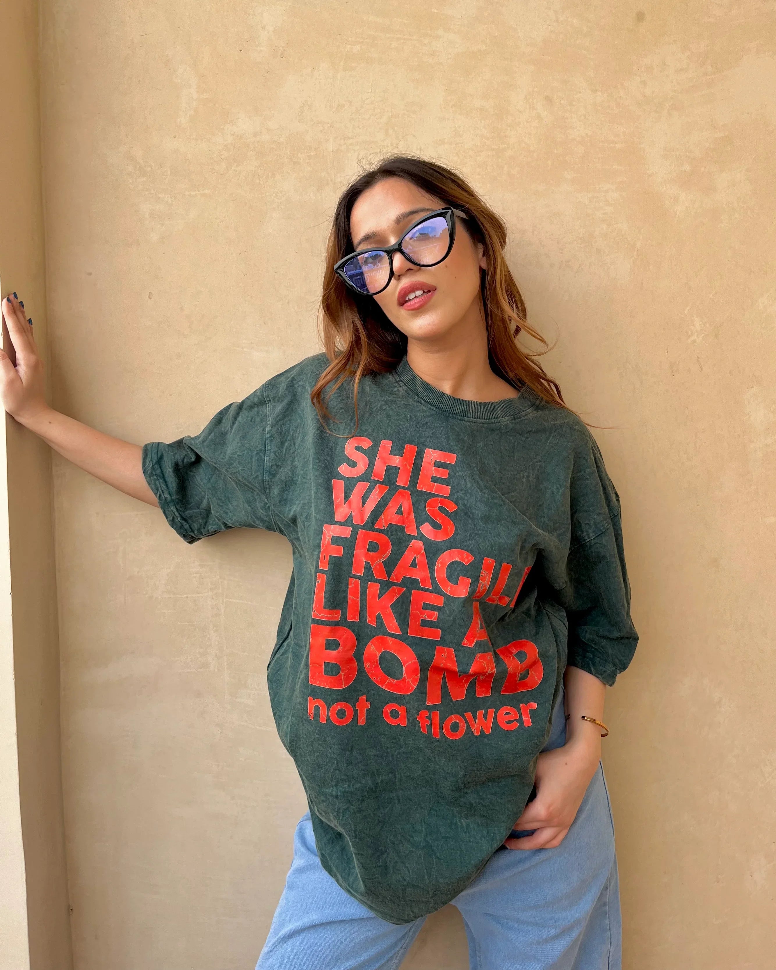 She Was Fragile Acid Wash Oversized T-Shirt