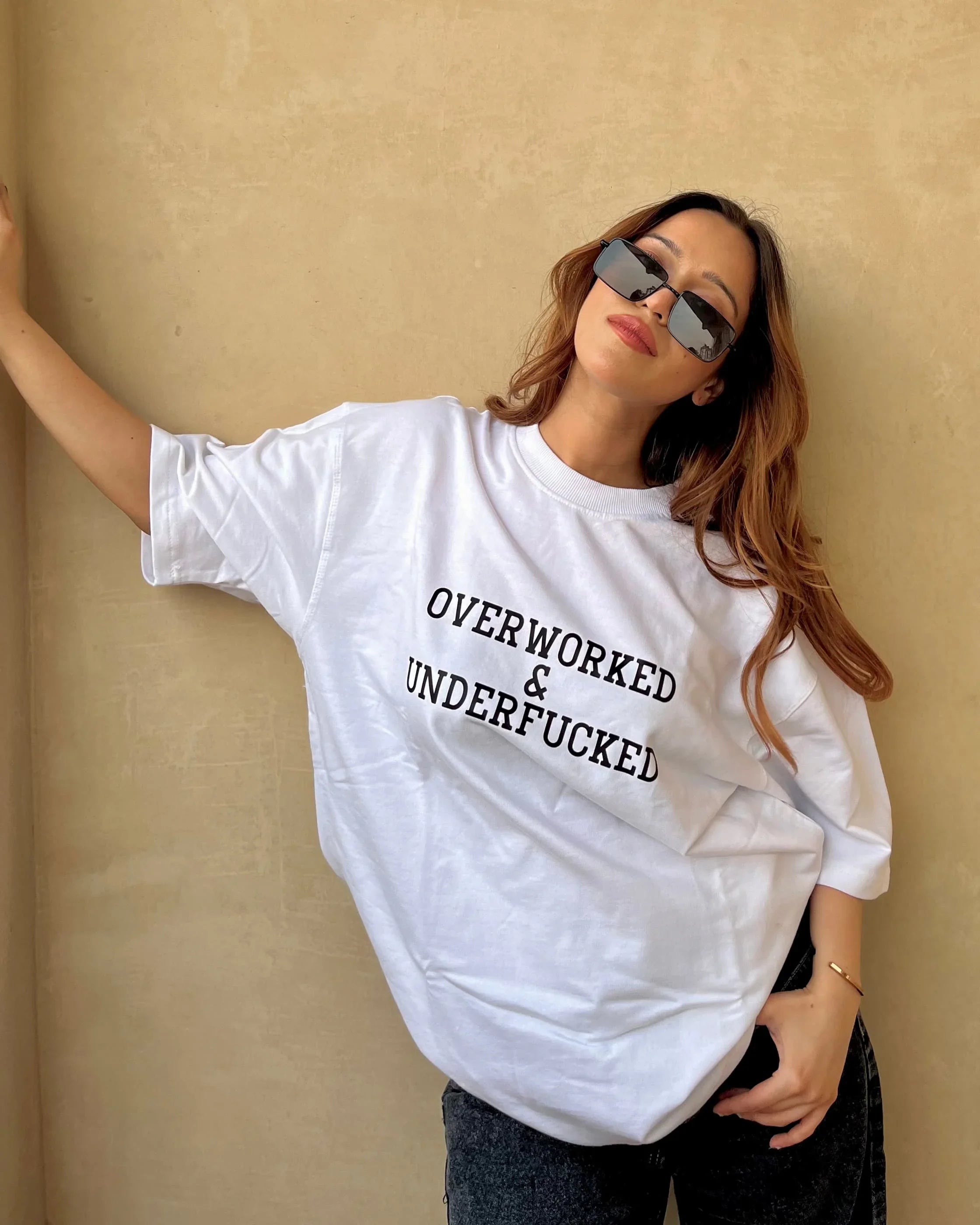 Overworked & Underf*cked Slogan Oversized Tee | Beige Unisex Cotton Streetwear
