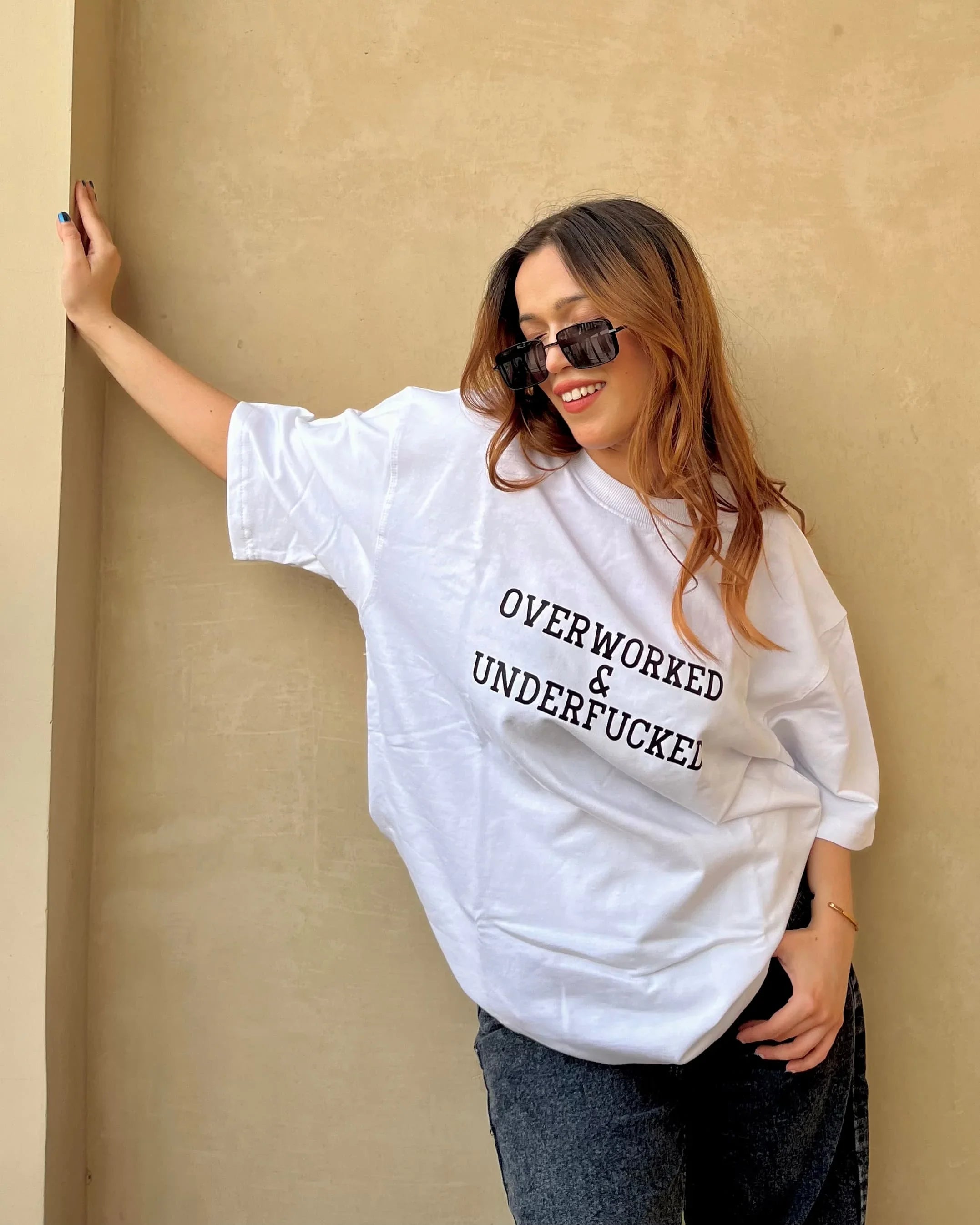 Overworked & Underf*cked Slogan Oversized Tee | Beige Unisex Cotton Streetwear