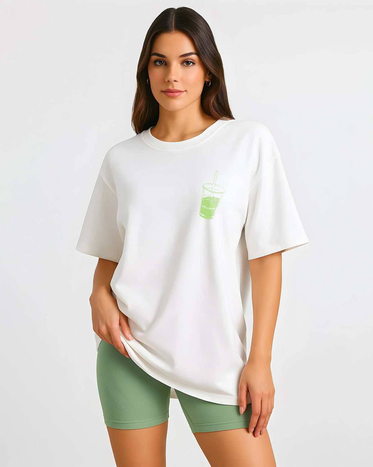 Bellbum Matcha Mornings Sage Green Unisex Oversized T-Shirt – DTF Print | 240 GSM Cotton