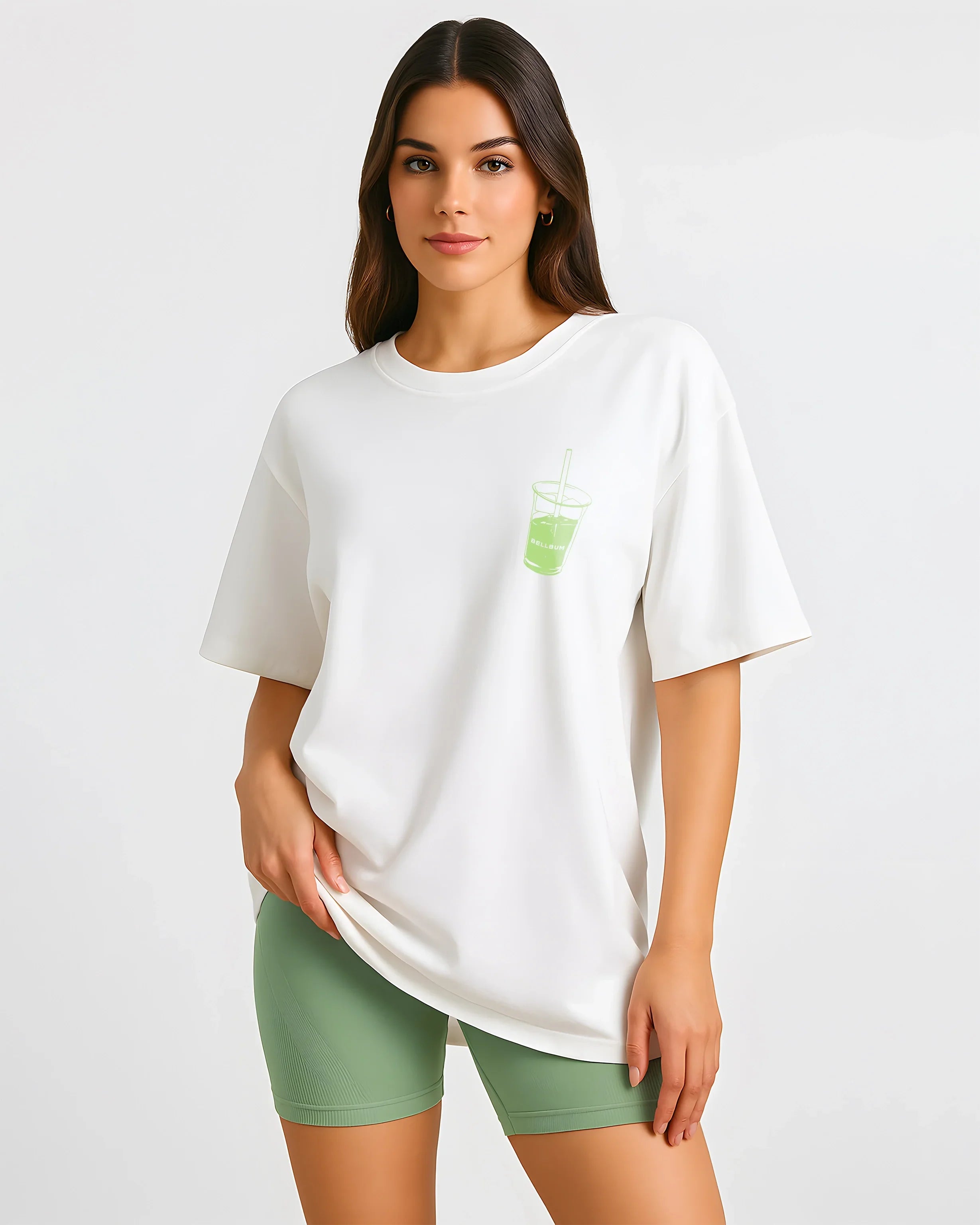 Bellbum Matcha Mornings Sage Green Unisex Oversized T-Shirt – DTF Print | 240 GSM Cotton