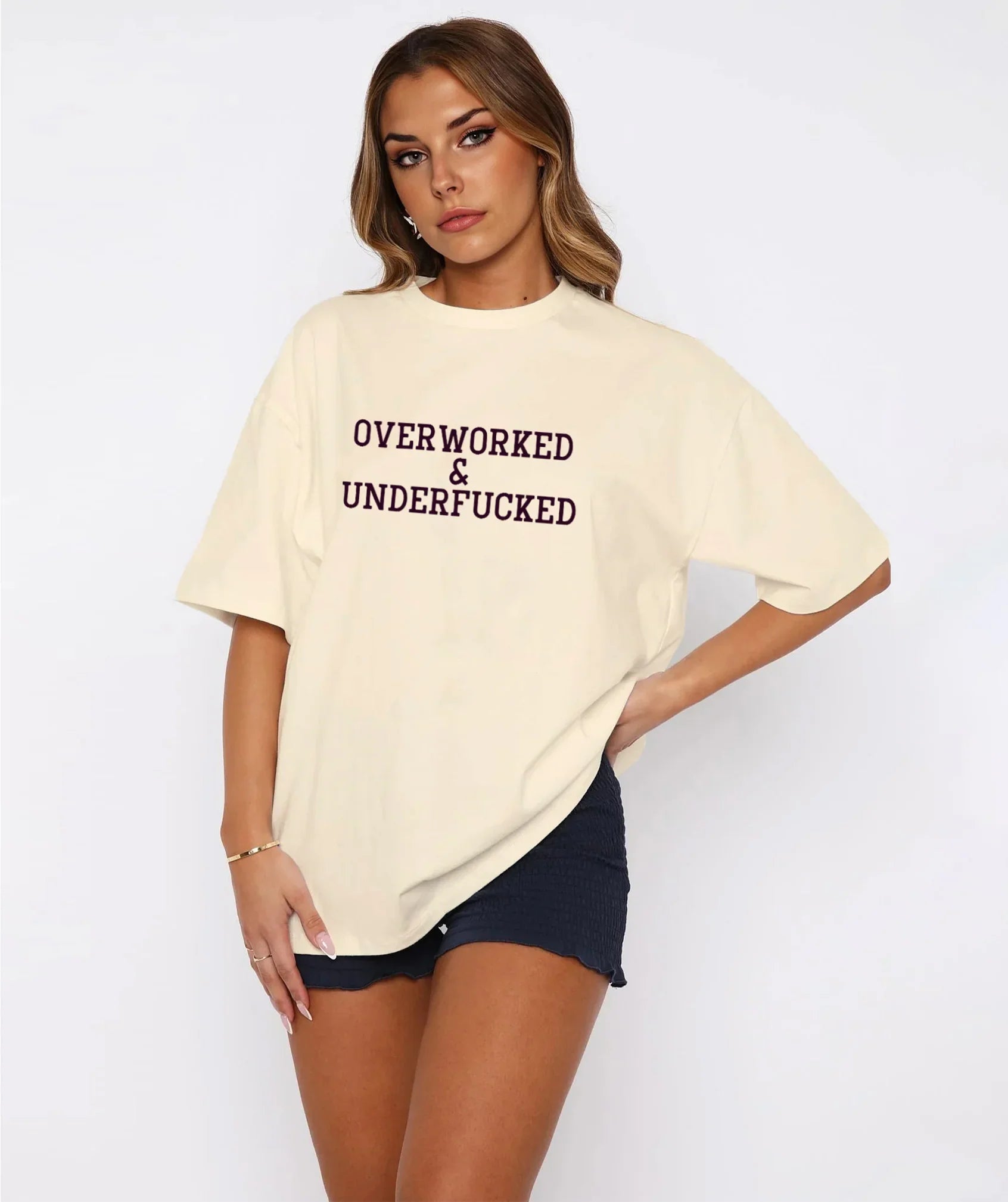 Overworked & Underf*cked Slogan Oversized Tee | Beige Unisex Cotton Streetwear - Bellbum