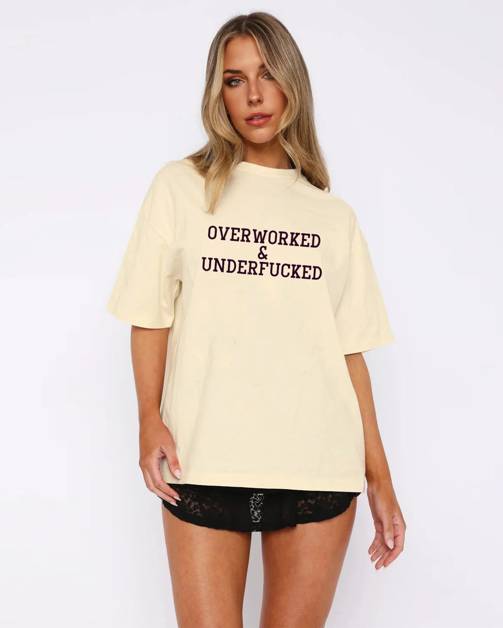 Overworked & Underf*cked Slogan Oversized Tee | Beige Unisex Cotton Streetwear - Bellbum
