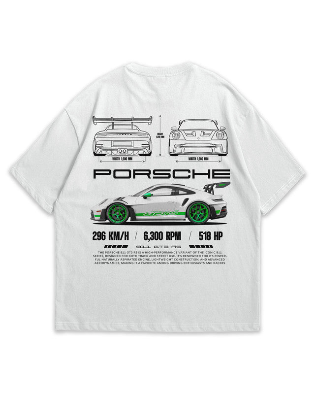 Bellbum Porsche 911 GT3 RS Oversized T-Shirt – 240GSM French Terry Cotton, White, Unisex Car Graphic Streetwear