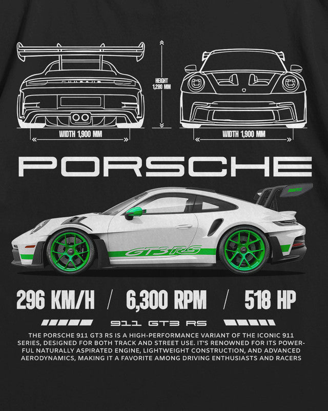 Bellbum Porsche 911 GT3 RS Oversized T-Shirt – 240GSM French Terry Cotton, Black, Unisex Motorsport Streetwear