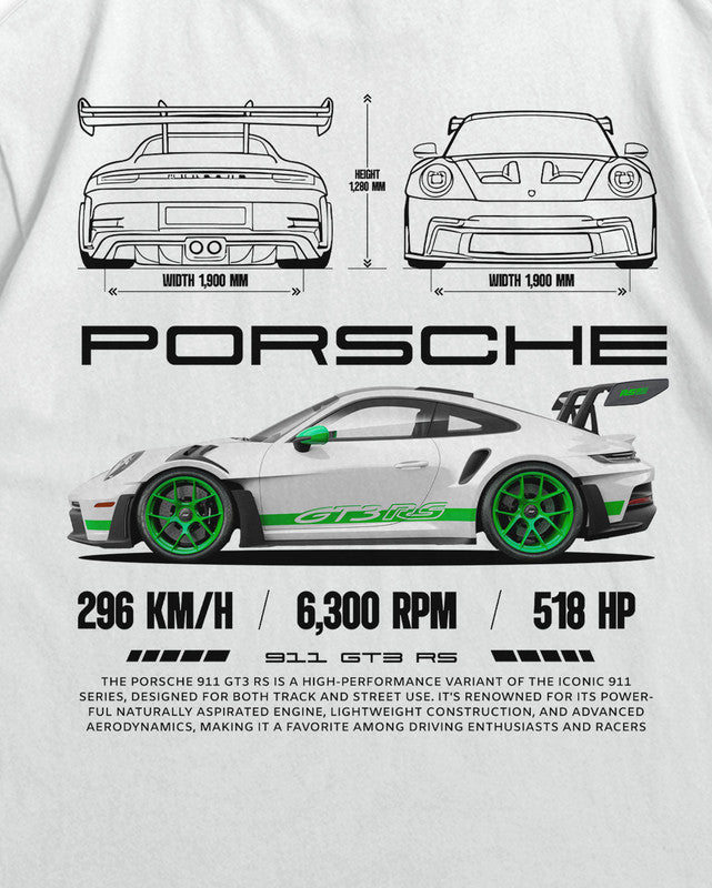 Bellbum Porsche 911 GT3 RS Oversized T-Shirt – 240GSM French Terry Cotton, White, Unisex Car Graphic Streetwear