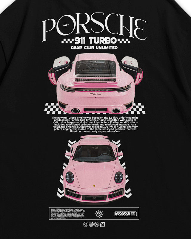 Bellbum Pink 911 Turbo Oversized T-Shirt – 240GSM French Terry Cotton, Black, Unisex Sports Car Streetwear