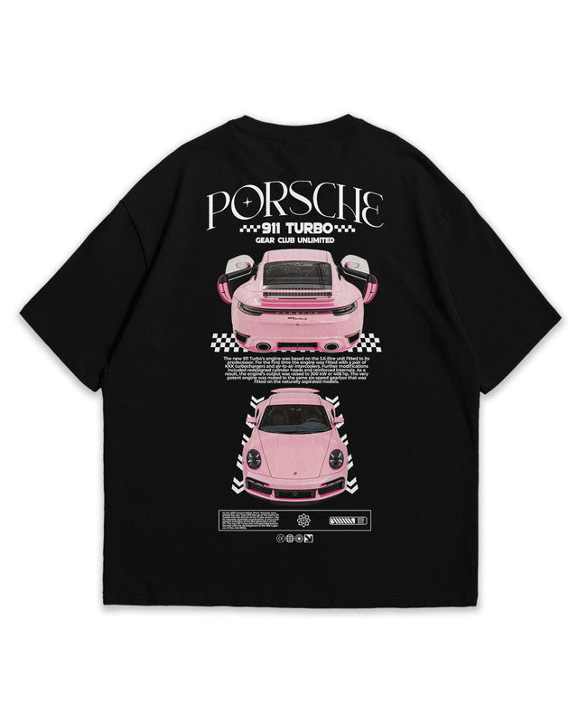 Bellbum Pink 911 Turbo Oversized T-Shirt – 240GSM French Terry Cotton, Black, Unisex Sports Car Streetwear