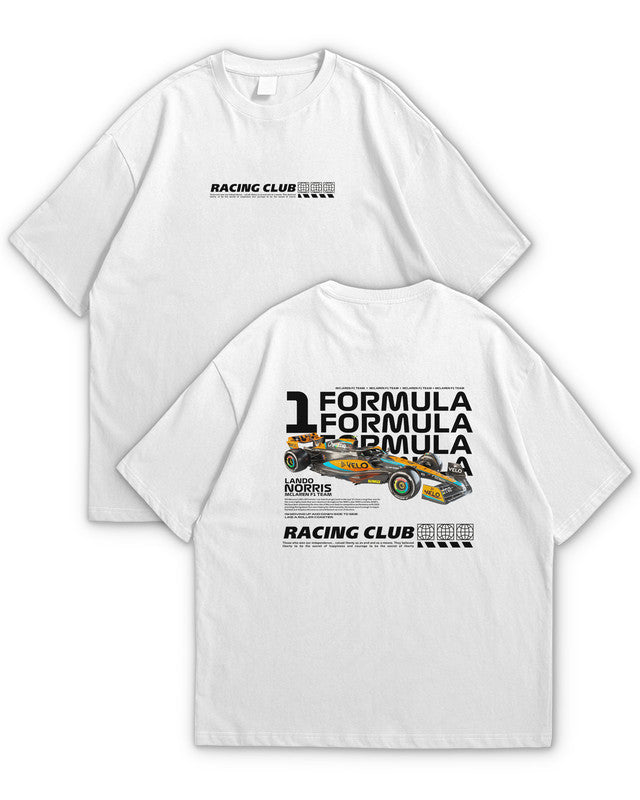 Bellbum Racing Club Formula 1 Lando Norris Oversized T-Shirt – 240GSM French Terry Cotton, White, Unisex Motorsport Streetwear