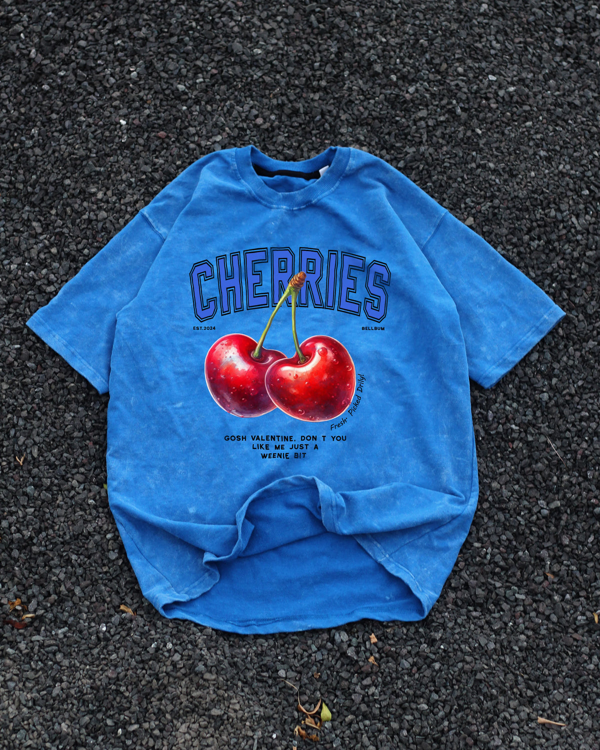 Bellbum Cherries Oversized T-Shirt Blue 240 GSM Cotton