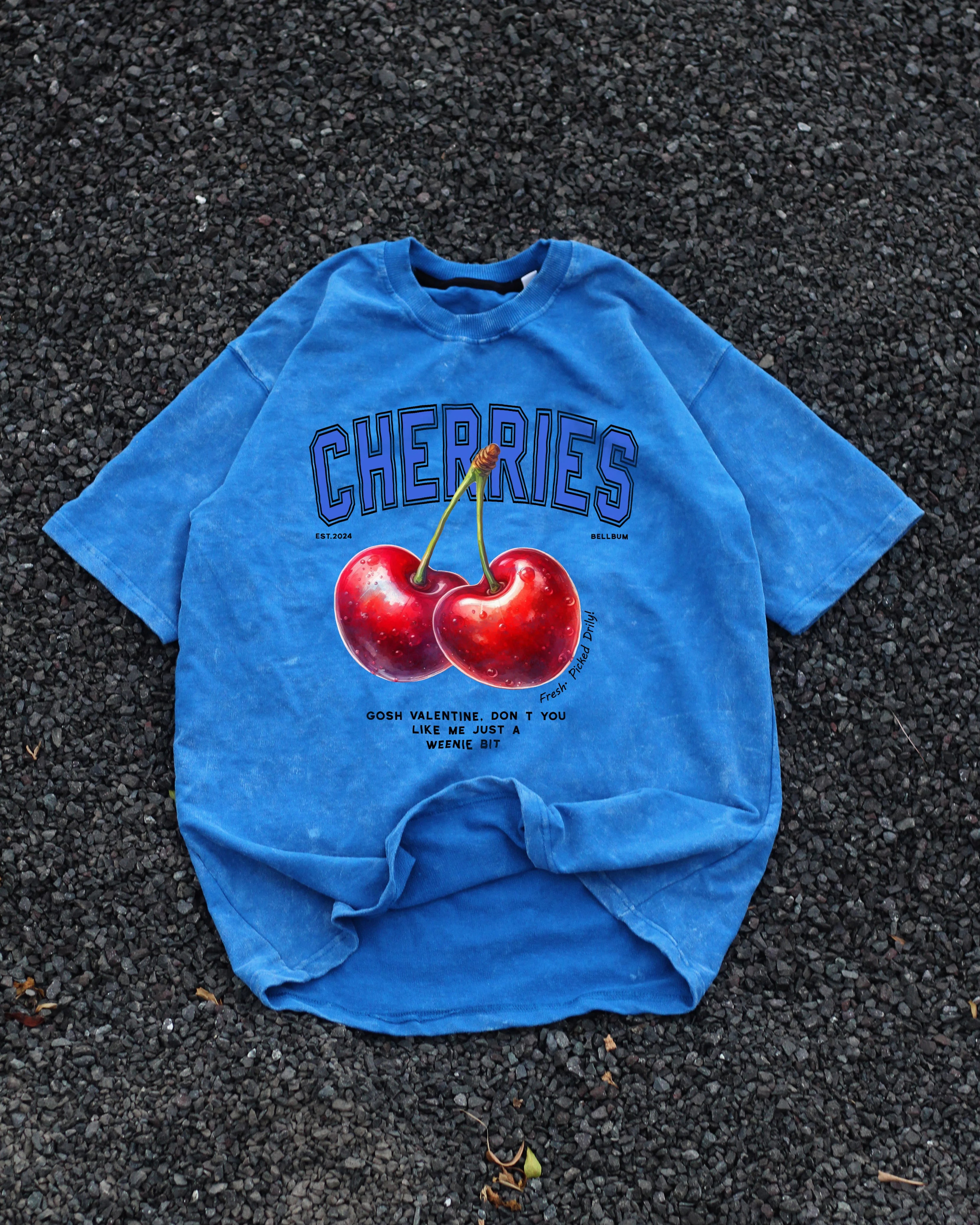 Bellbum Cherries Oversized T-Shirt Blue 240 GSM Cotton