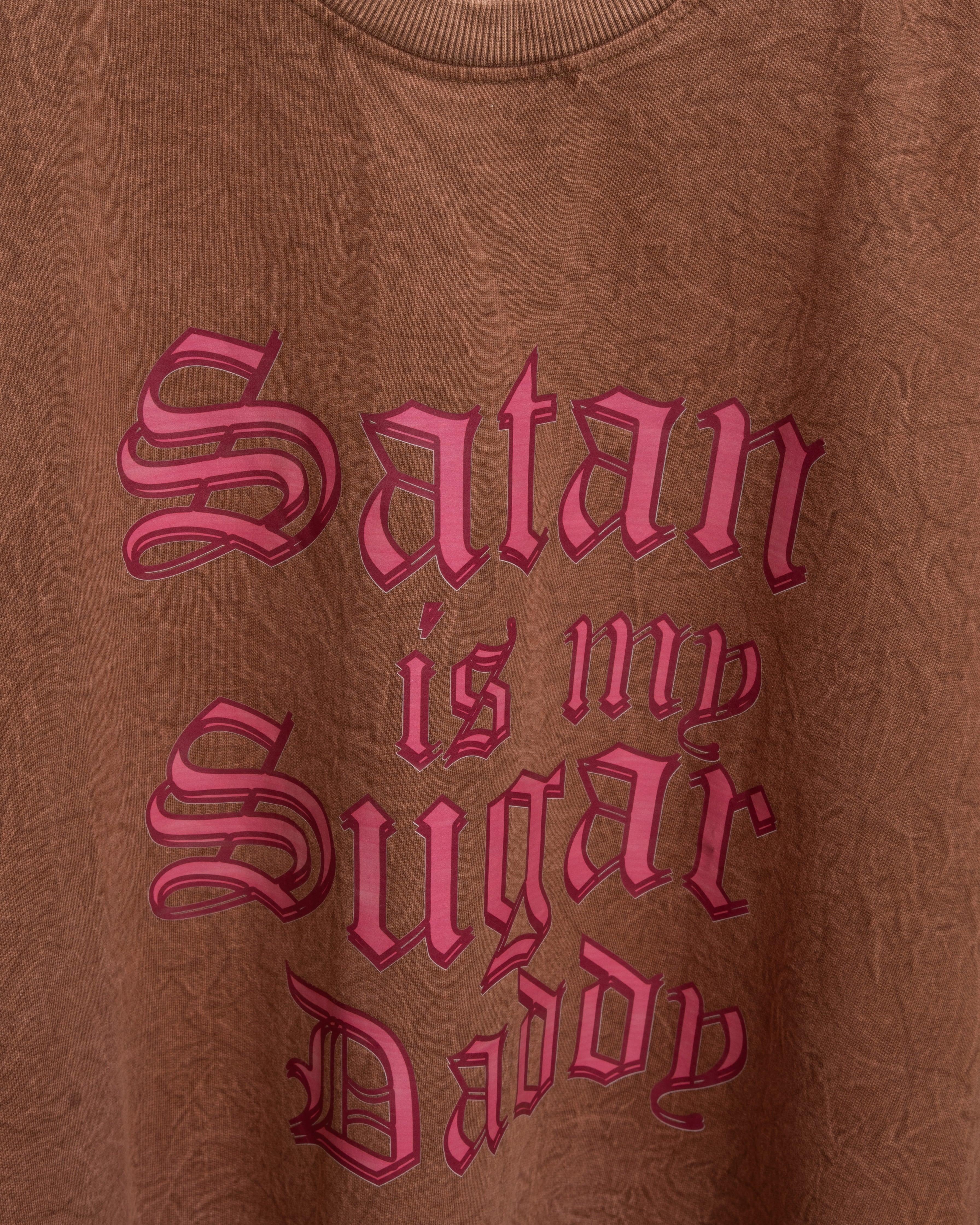 Bellbum Oversized Unisex T-Shirt Brown Crinkle Cotton – Satan Is My Sugar Daddy Gothic Graphic Print - Bellbum