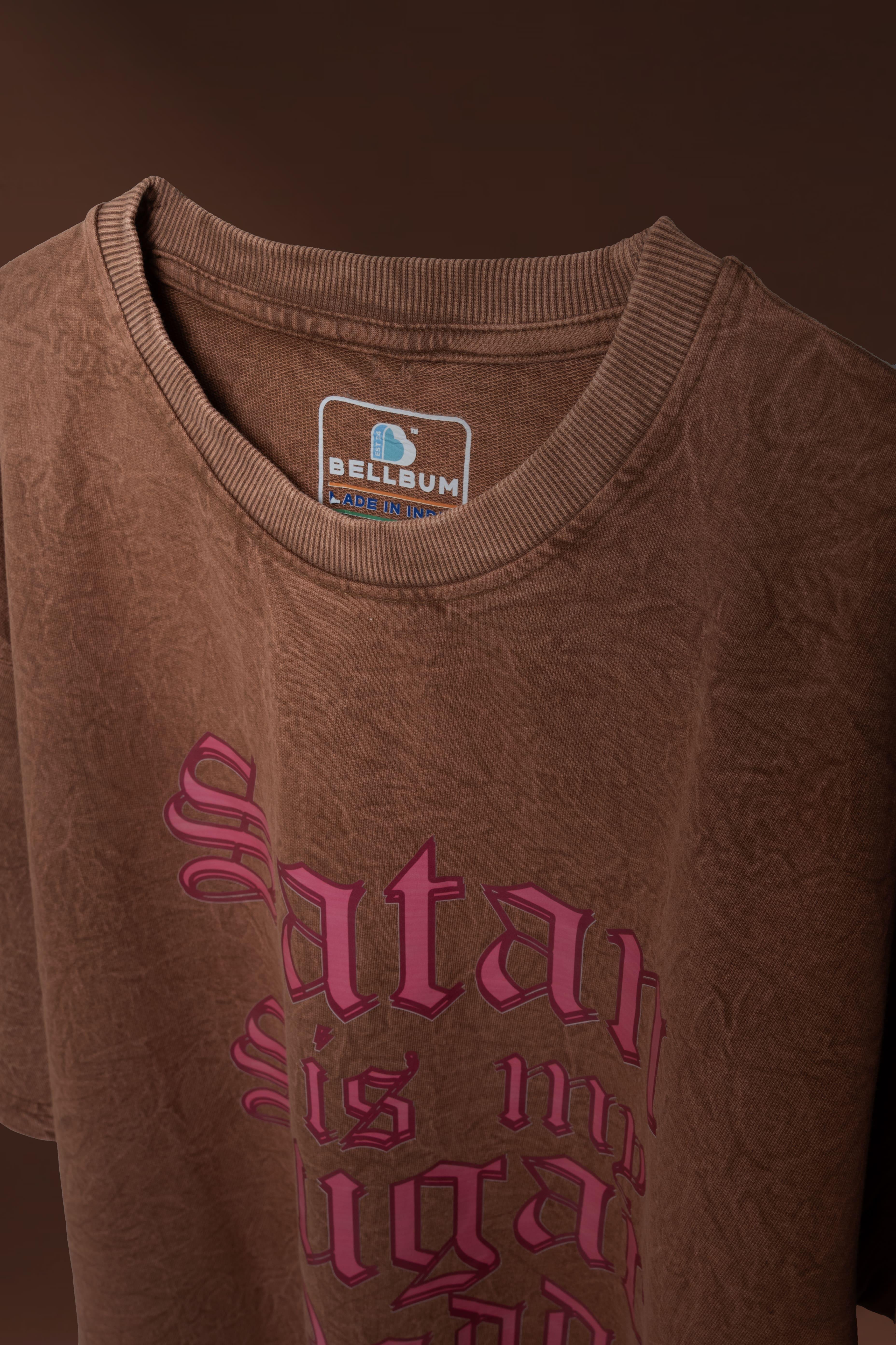 Bellbum Oversized Unisex T-Shirt Brown Crinkle Cotton – Satan Is My Sugar Daddy Gothic Graphic Print - Bellbum