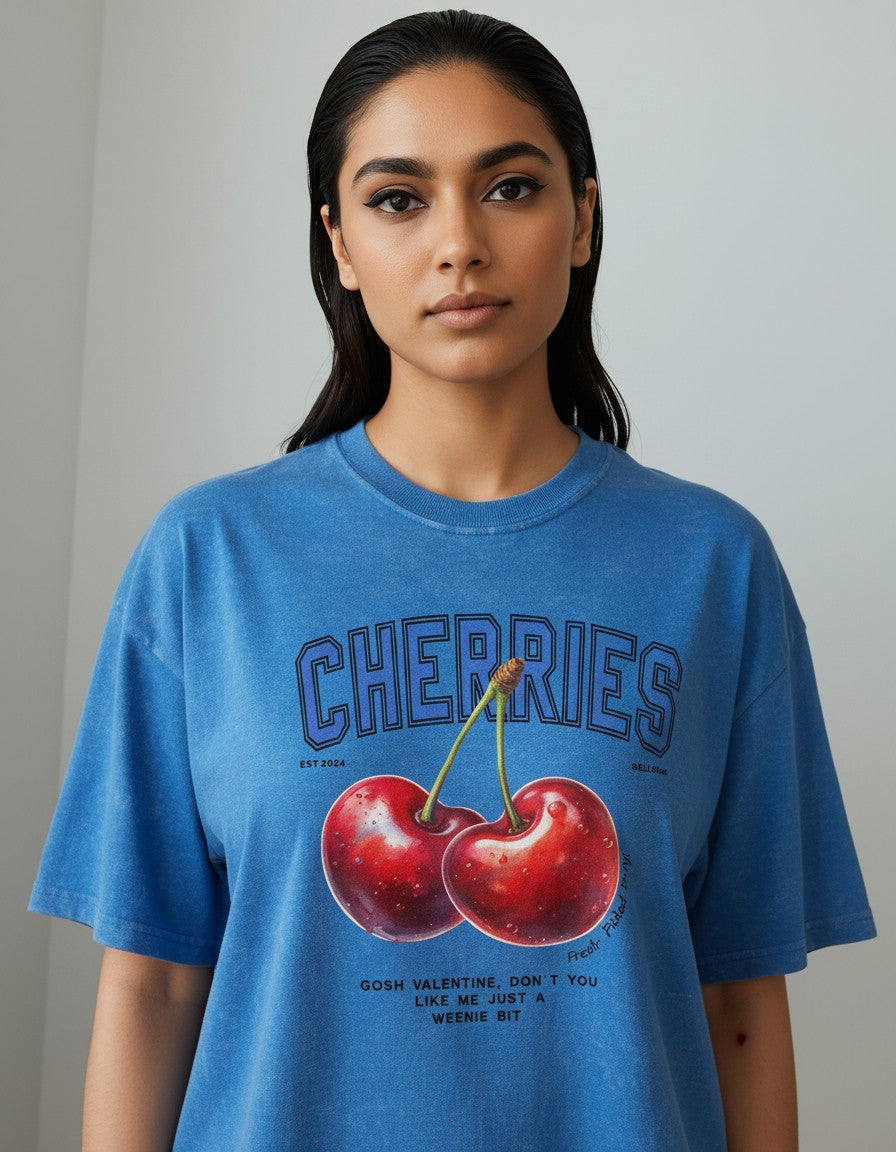 Bellbum Cherries Oversized T-Shirt Blue 240 GSM Cotton