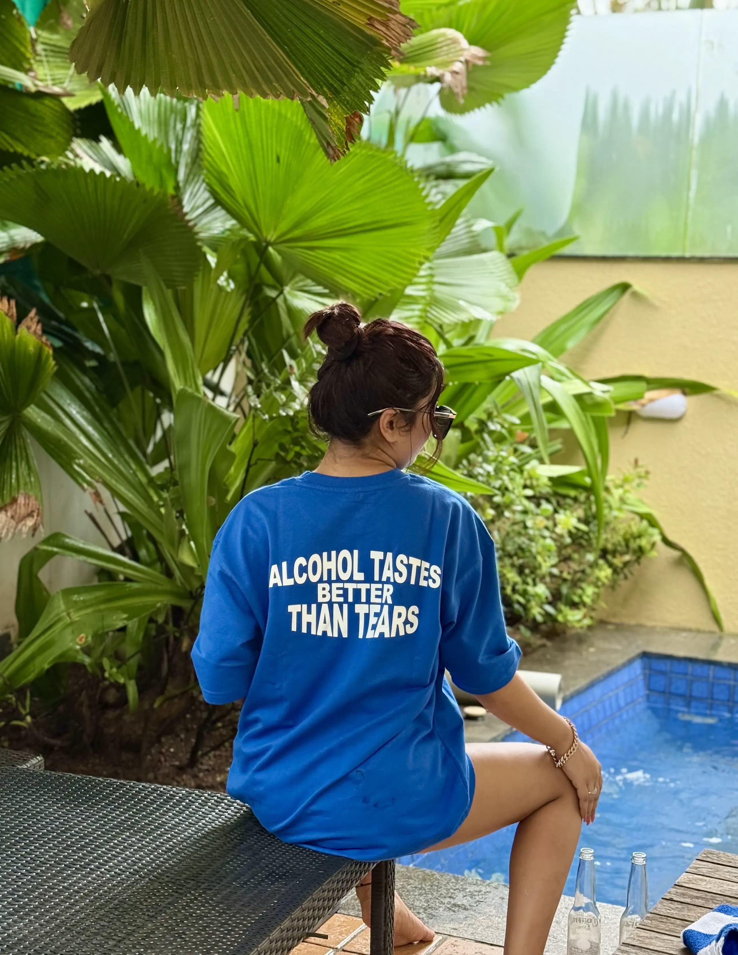 Bellbum Oversized Unisex T-Shirt Blue French Terry Cotton – “Alcohol Tastes Better Than Tears” Graphic
