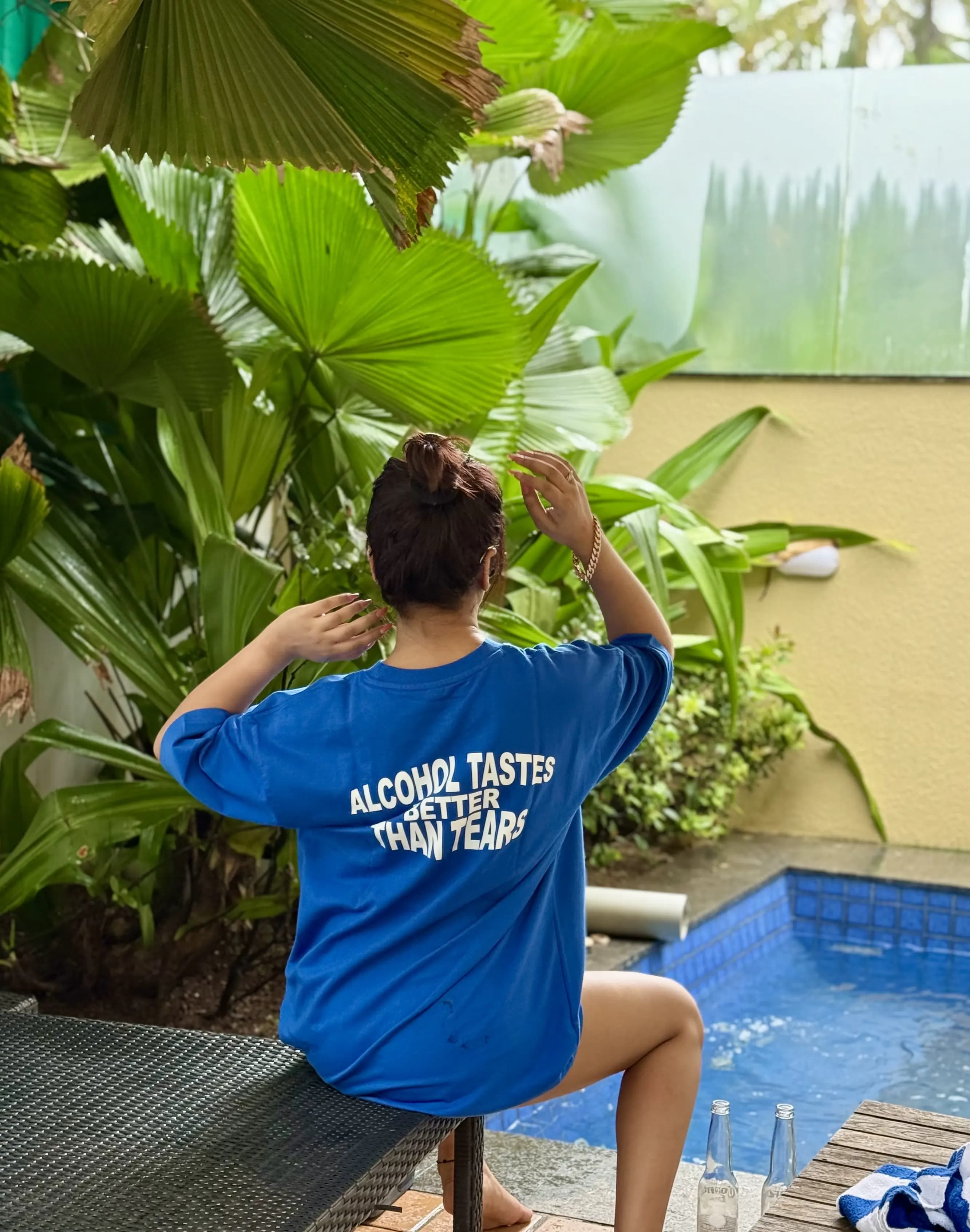 Bellbum Oversized Unisex T-Shirt Blue French Terry Cotton – “Alcohol Tastes Better Than Tears” Graphic