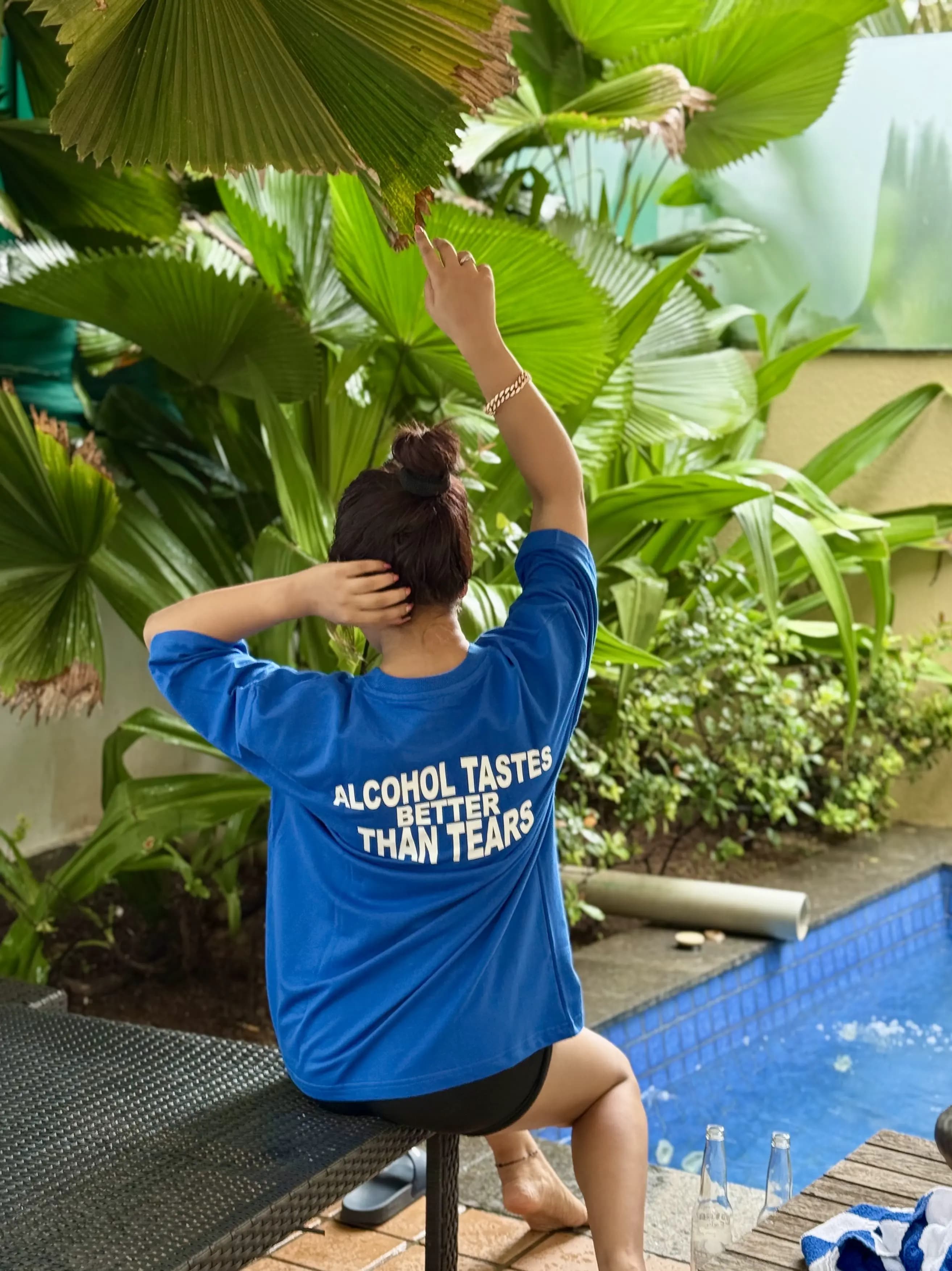 Bellbum Oversized Unisex T-Shirt Blue French Terry Cotton – “Alcohol Tastes Better Than Tears” Graphic