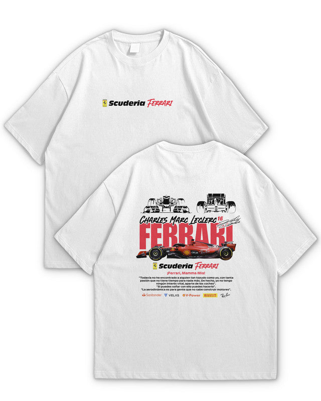 Bellbum Scuderia Ferrari Charles Leclerc Oversized T-Shirt – 240GSM French Terry Cotton, White, Unisex Formula 1 Streetwear